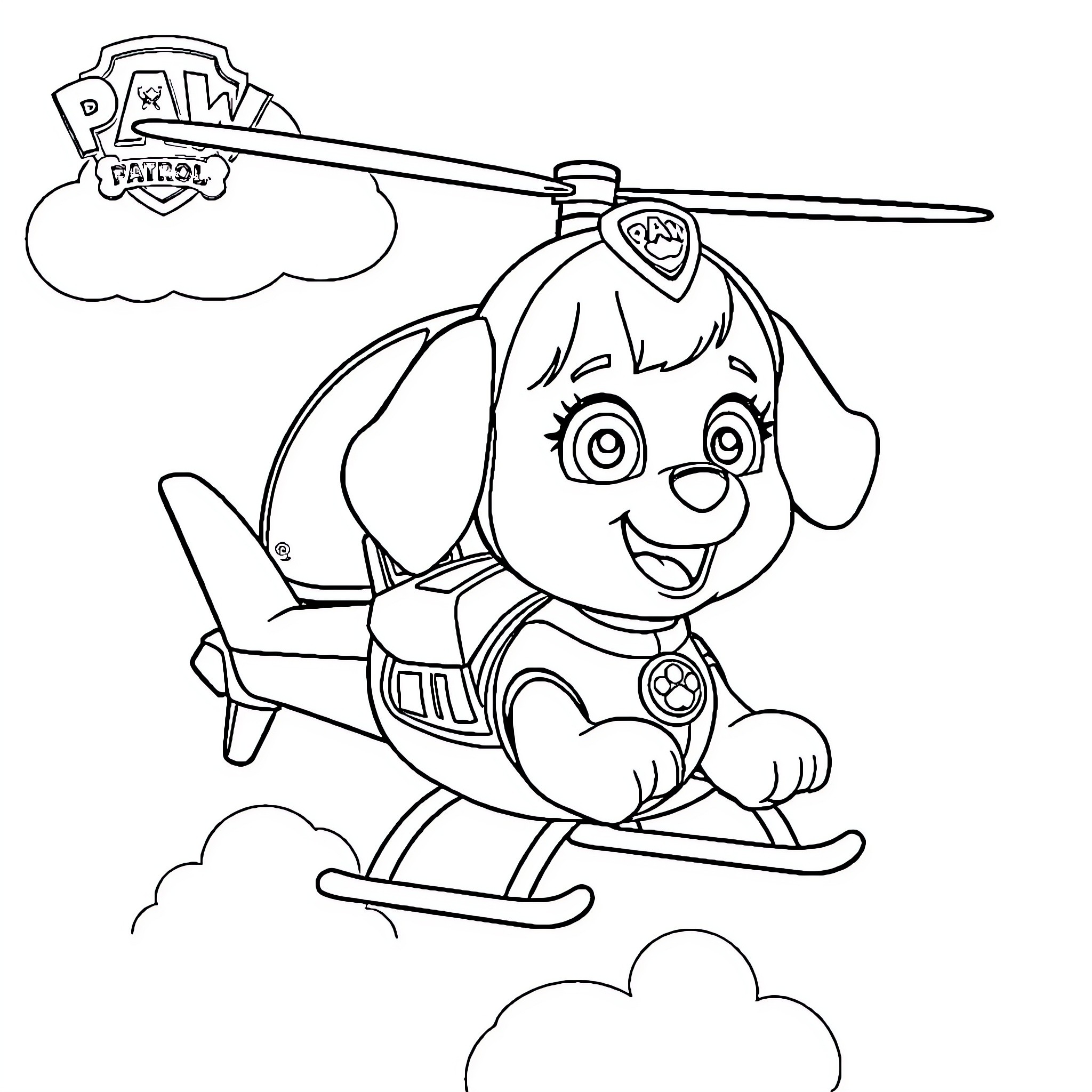 Sky flying with a happy puppy in a helicopter Coloring Page (free black-and-white line drawing printable PDF for all, from beginners to advanced learners, including children, teens, adults, and seniors)