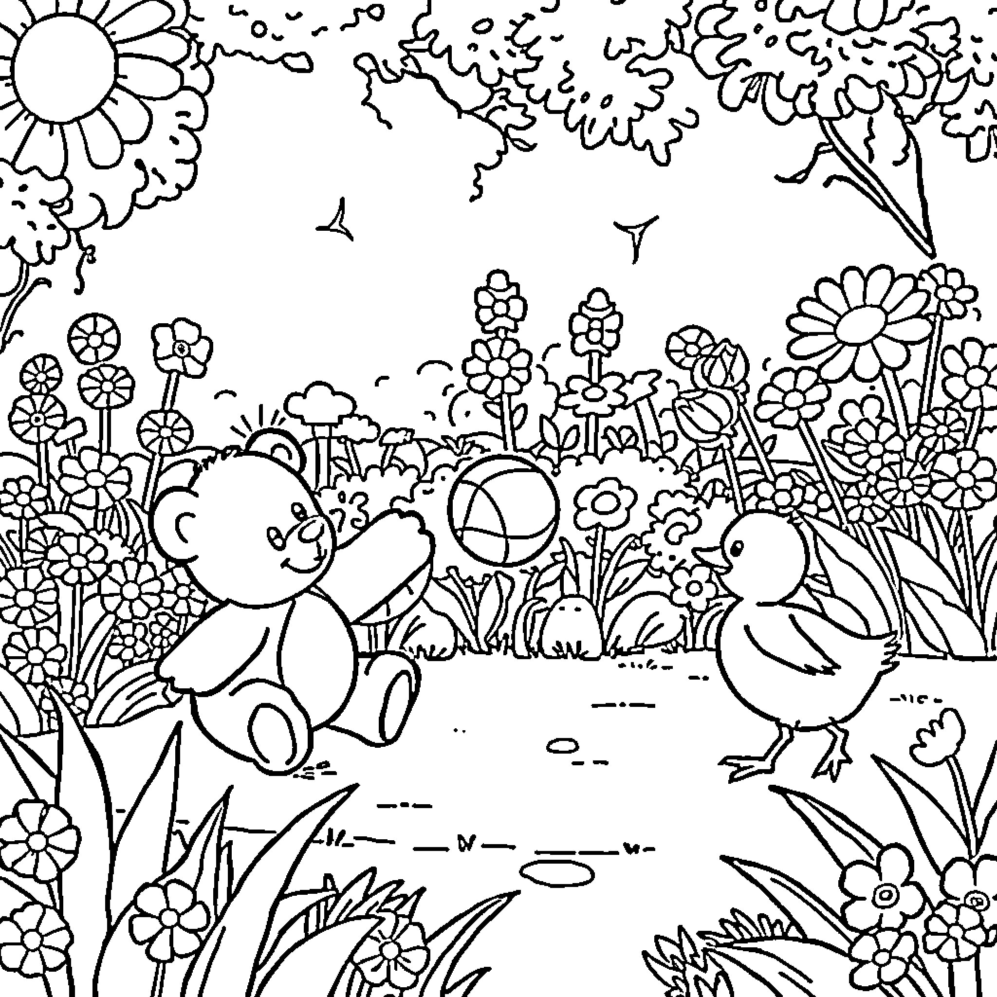 Bear playing in a colorful floral garden Coloring Page (free black-and-white line drawing printable PDF for all, from beginners to advanced learners, including children, teens, adults, and seniors)