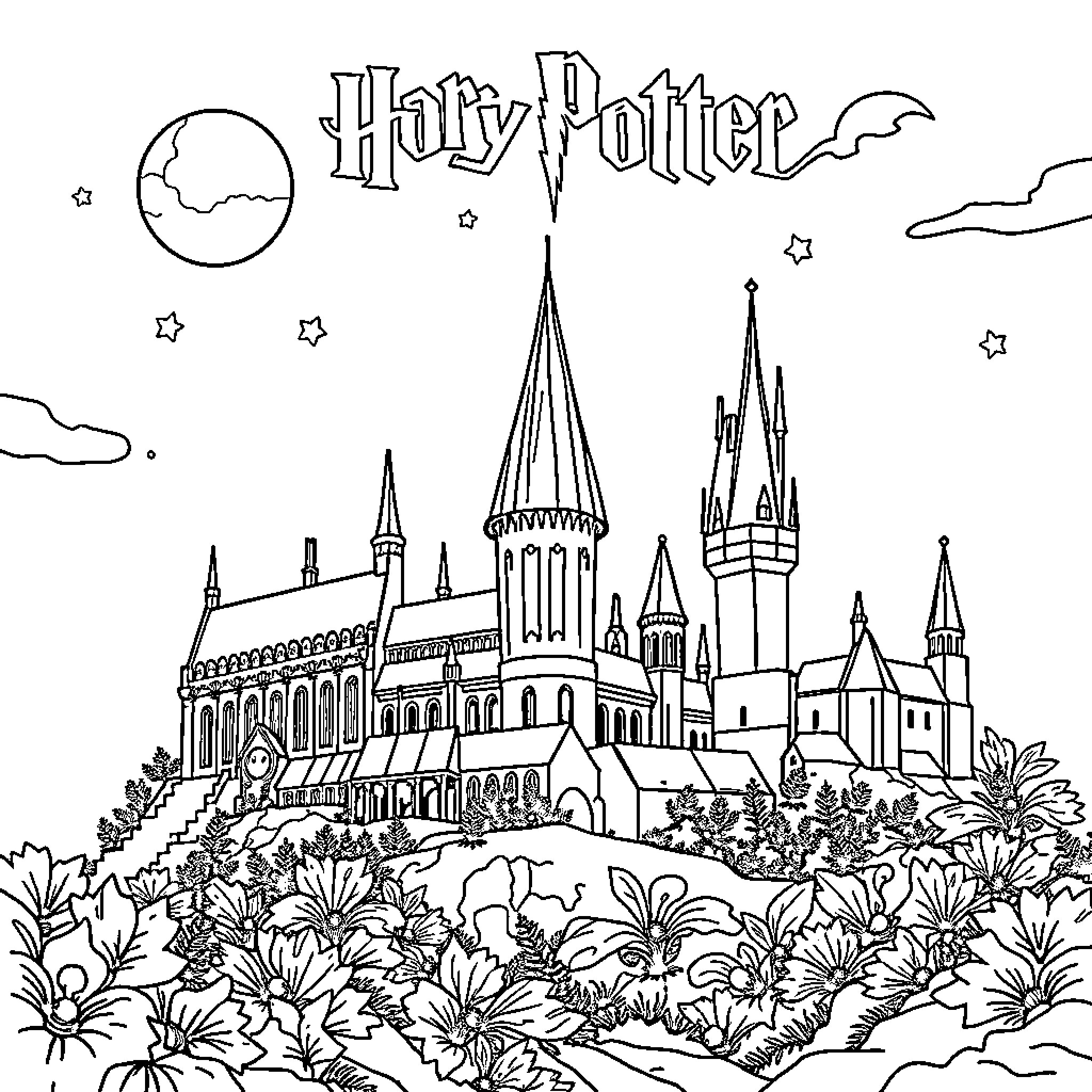 Hogwarts castle and grounds in detailed illustration Coloring Page (free black-and-white line drawing printable PDF for all, from beginners to advanced learners, including children, teens, adults, and seniors)