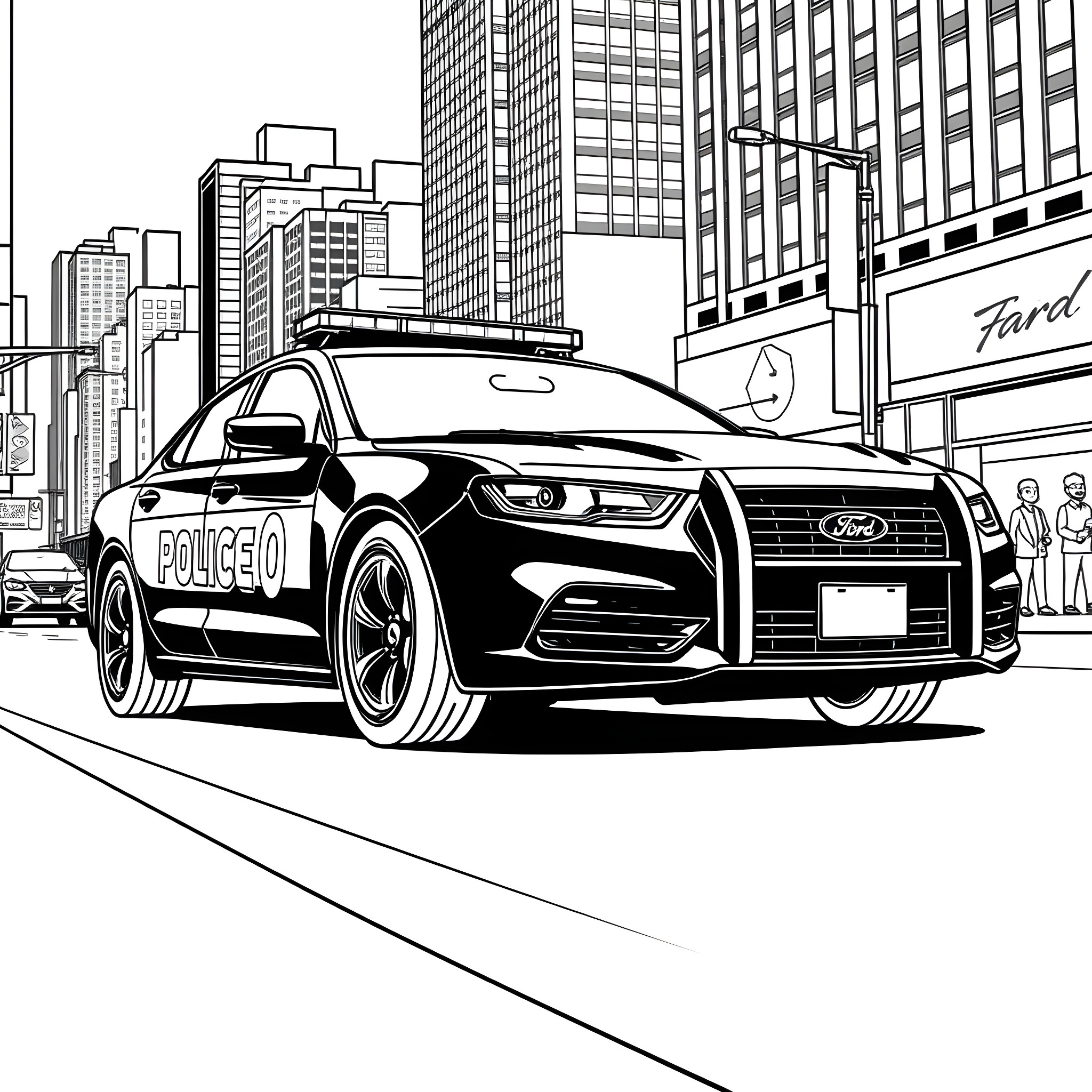 Ford Police Car Patrolling City Streets Coloring Page (free black-and-white line drawing printable PDF for all, from beginners to advanced learners, including children, teens, adults, and seniors)