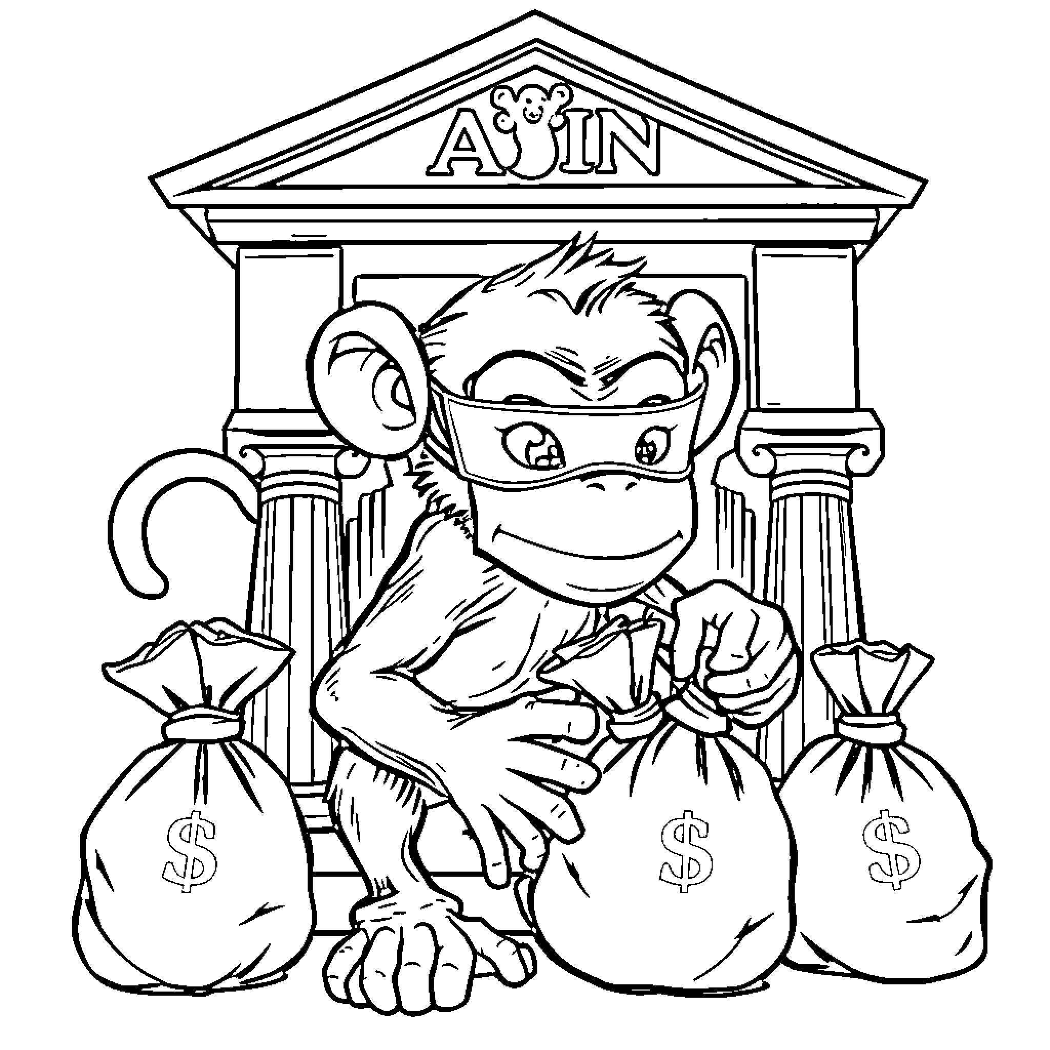 Monkey counting money in front of a bank Coloring Page (free black-and-white line drawing printable PDF for all, from beginners to advanced learners, including children, teens, adults, and seniors)