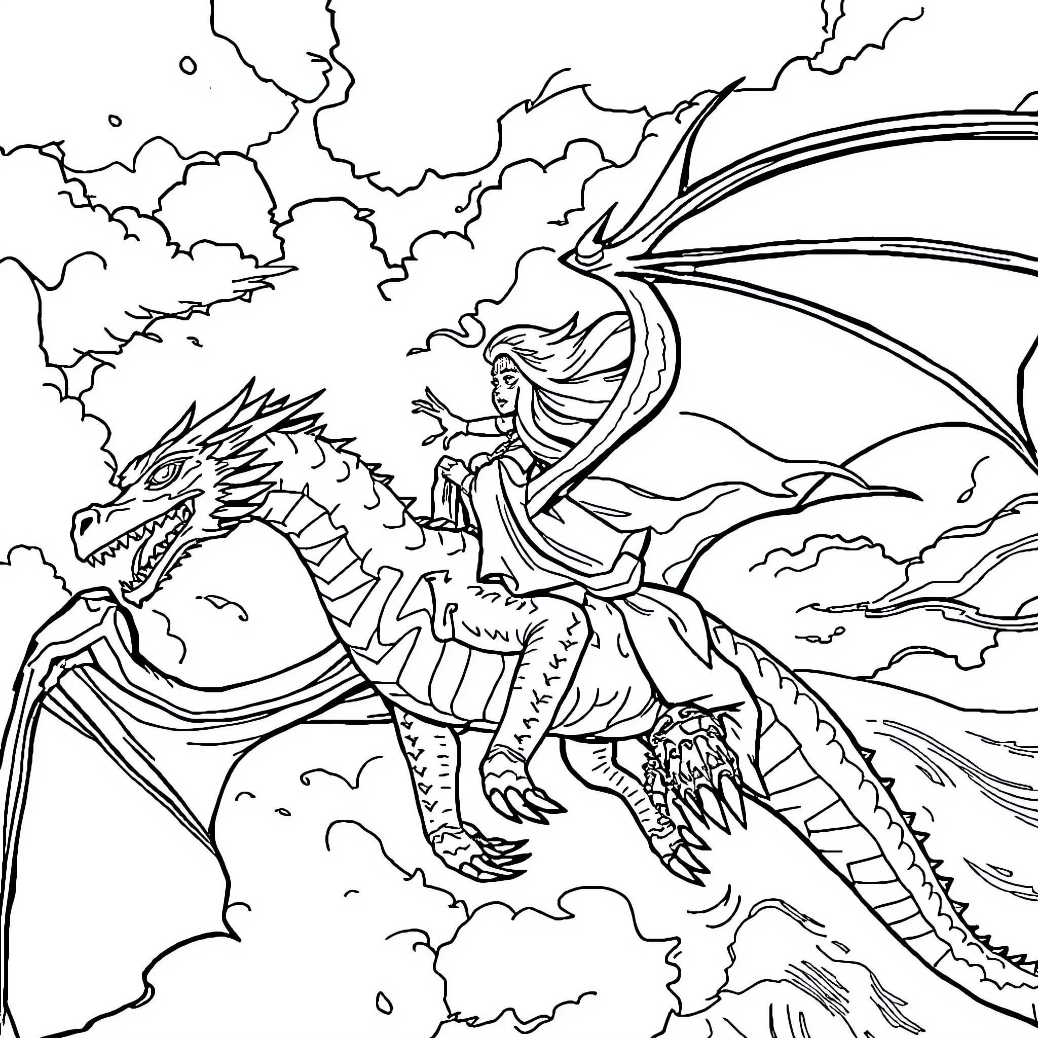 Mother of Dragons riding a powerful dragon amid stormy skies Coloring Page (free black-and-white line drawing printable PDF for all, from beginners to advanced learners, including children, teens, adults, and seniors)