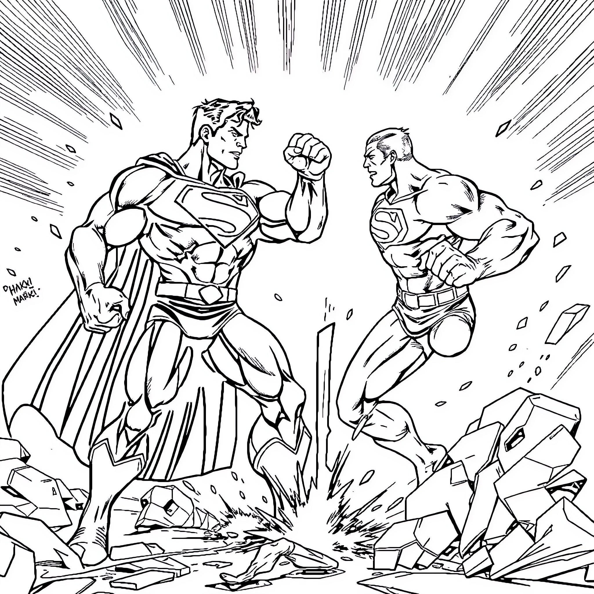 Superman and a Superhero in an Intense Battle Coloring Page (free black-and-white line drawing printable PDF for all, from beginners to advanced learners, including children, teens, adults, and seniors)