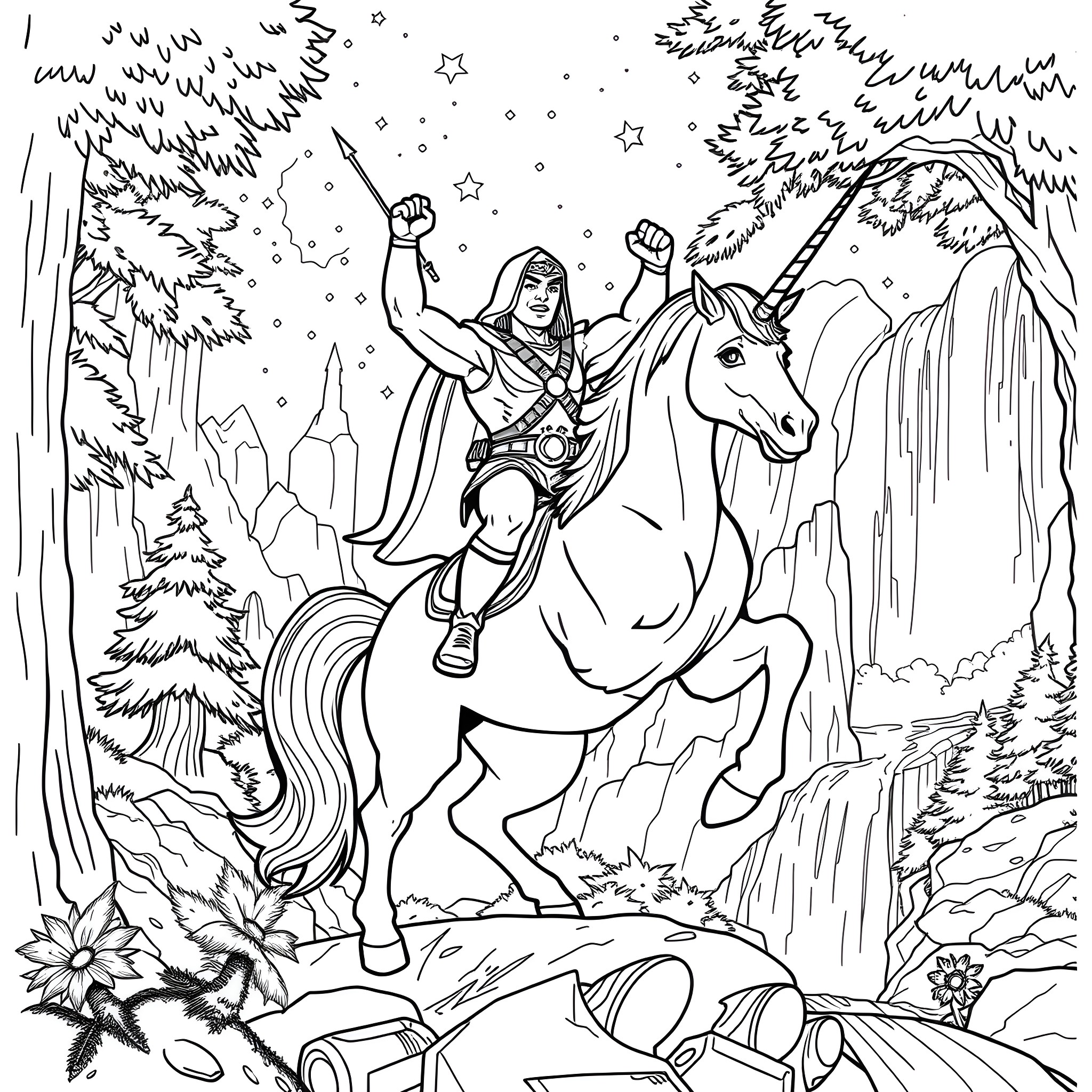 He-Man riding a unicorn through the enchanted forest Coloring Page (free black-and-white line drawing printable PDF for all, from beginners to advanced learners, including children, teens, adults, and seniors)