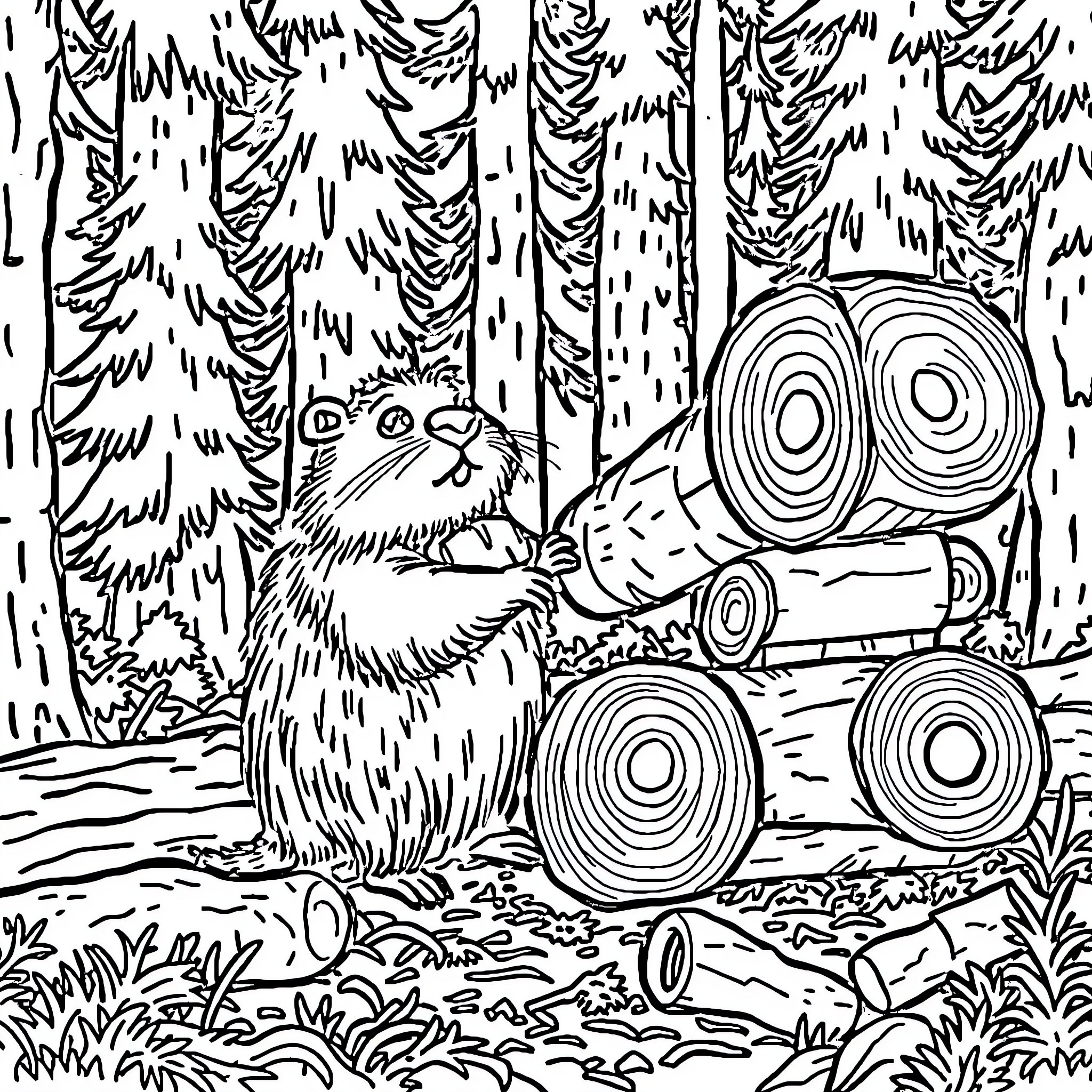 Beaver inspecting fallen logs in the forest Coloring Page (free black-and-white line drawing printable PDF for all, from beginners to advanced learners, including children, teens, adults, and seniors)