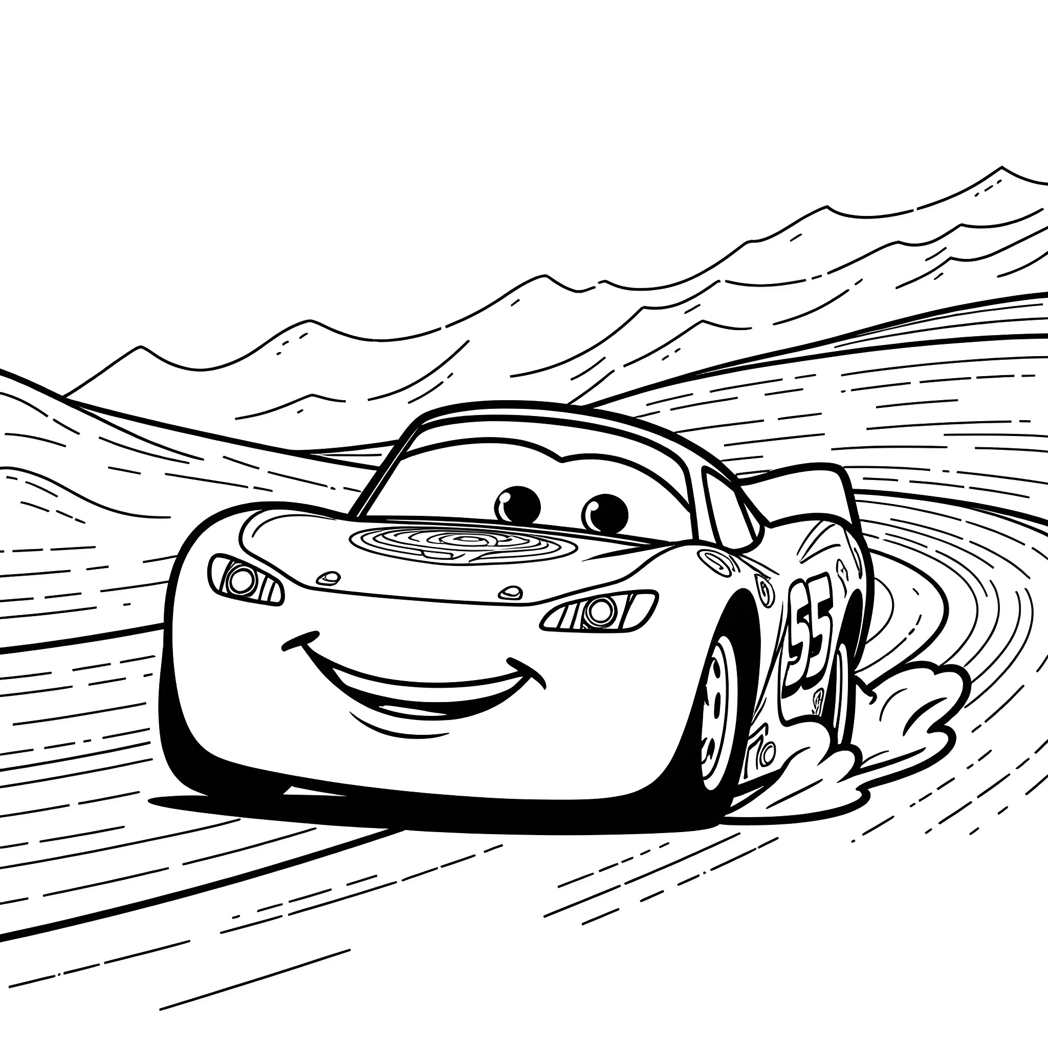 Rayo McQueen speeding on the track Coloring Page (free black-and-white line drawing printable PDF for all, from beginners to advanced learners, including children, teens, adults, and seniors)