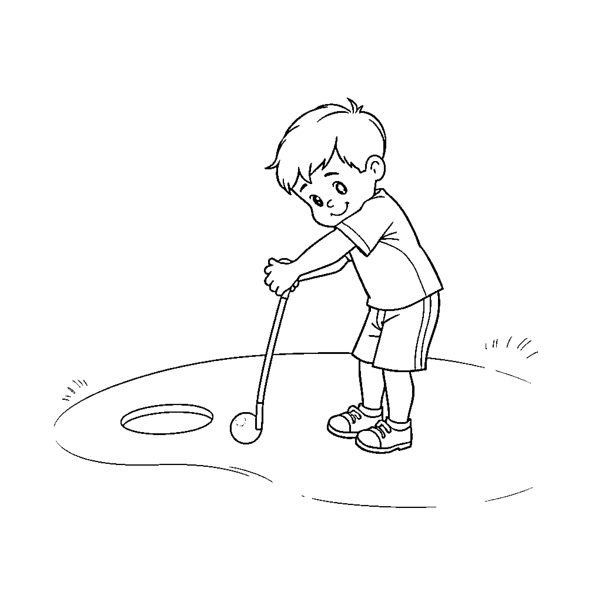 Boy playing with hoop on the ground Coloring Page (free black-and-white line drawing printable PDF for all, from beginners to advanced learners, including children, teens, adults, and seniors)