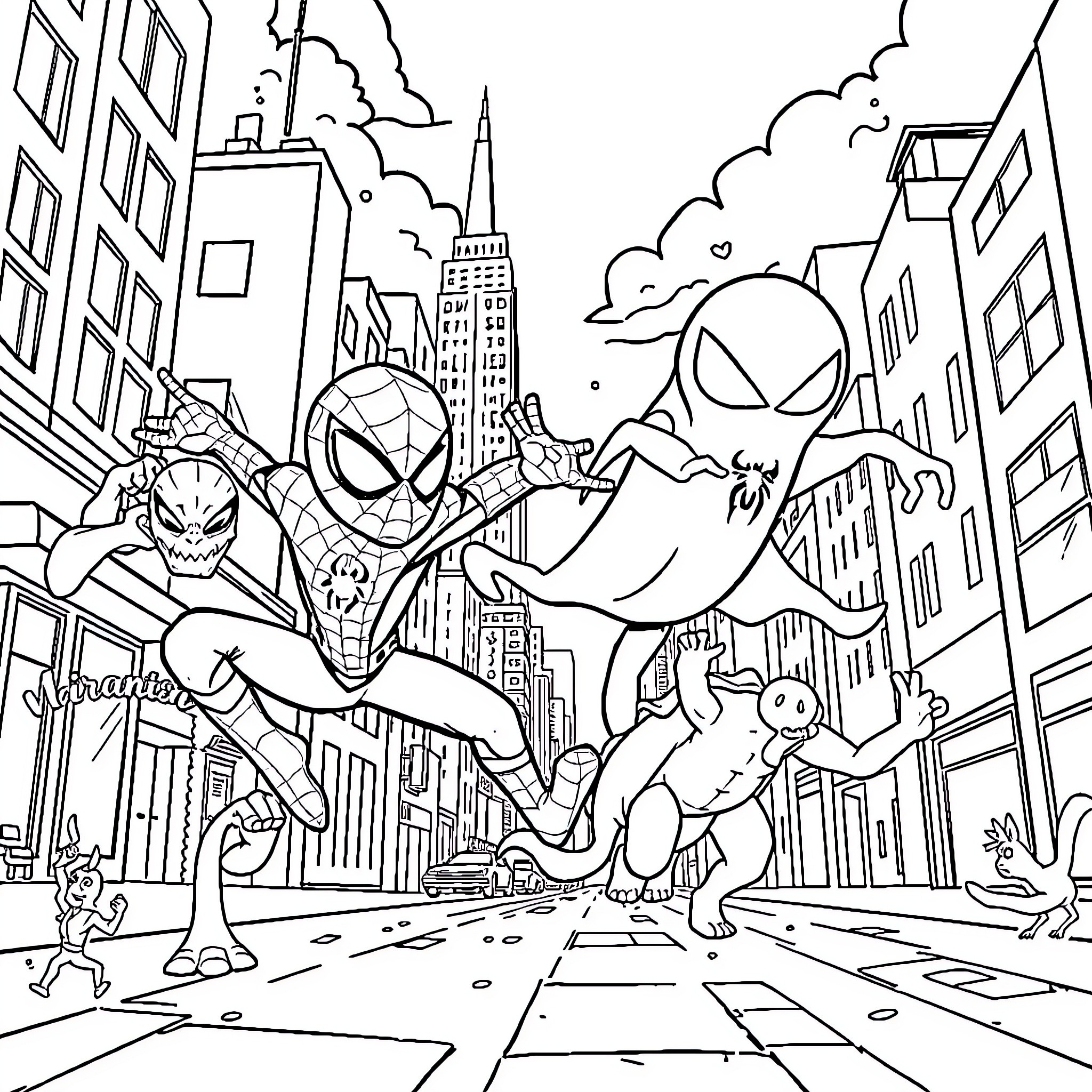 Spidey swinging through the city with friends Coloring Page (free black-and-white line drawing printable PDF for all, from beginners to advanced learners, including children, teens, adults, and seniors)