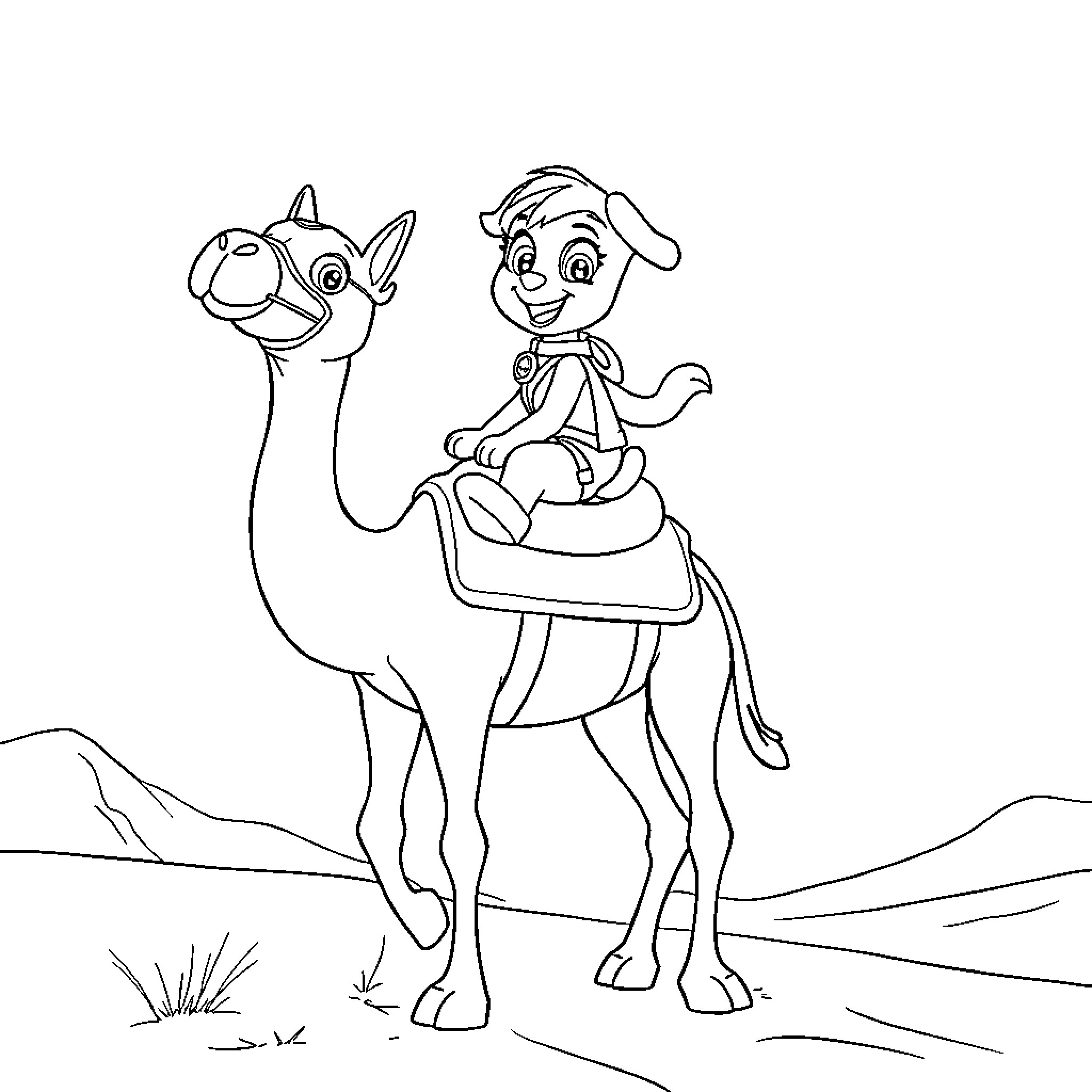 Dog riding a camel in the desert Coloring Page (free black-and-white line drawing printable PDF for all, from beginners to advanced learners, including children, teens, adults, and seniors)