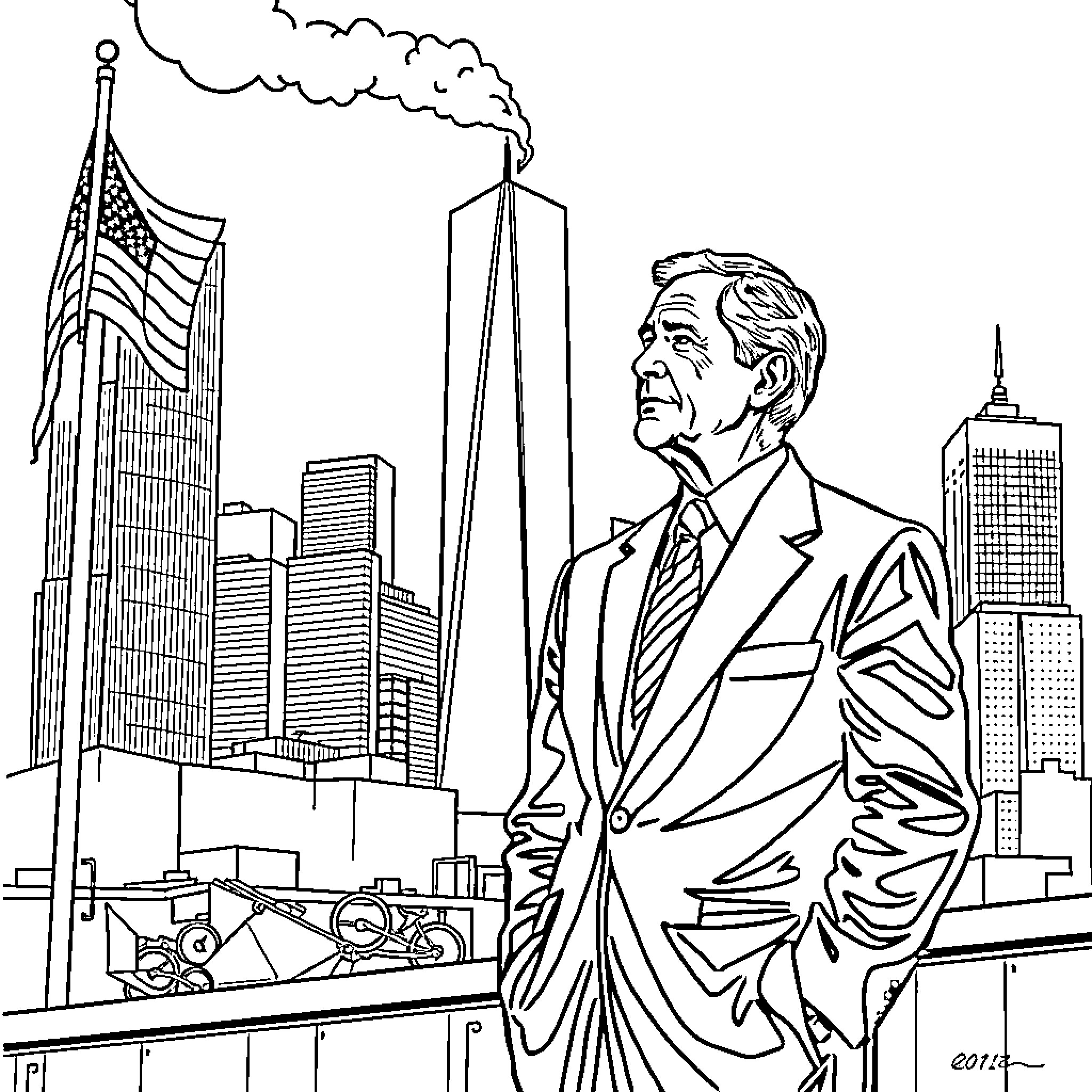 George Bush Overlooking the City Skyline Coloring Page (free black-and-white line drawing printable PDF for all, from beginners to advanced learners, including children, teens, adults, and seniors)