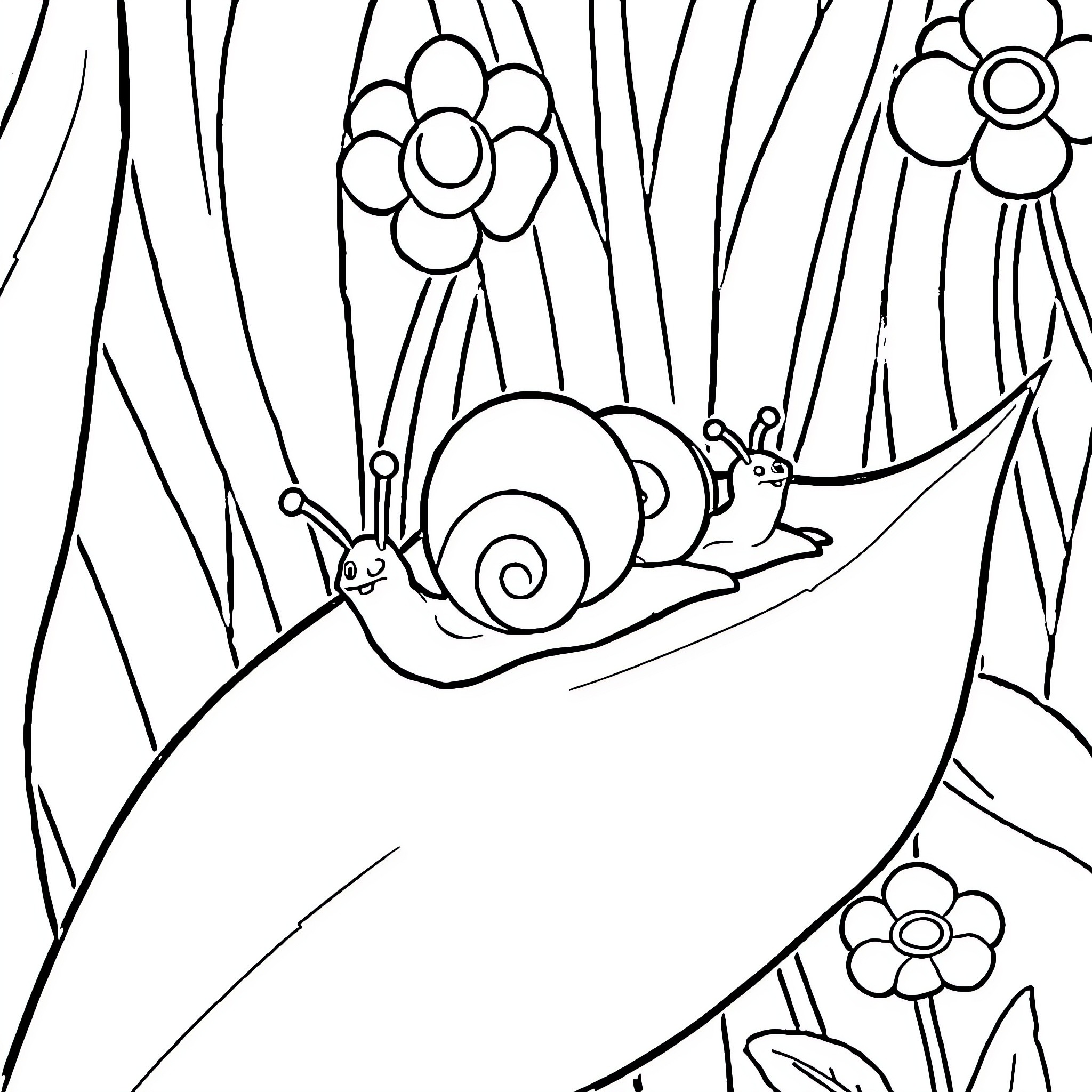 Snail relaxing on leaf in floral garden Coloring Page (free black-and-white line drawing printable PDF for all, from beginners to advanced learners, including children, teens, adults, and seniors)