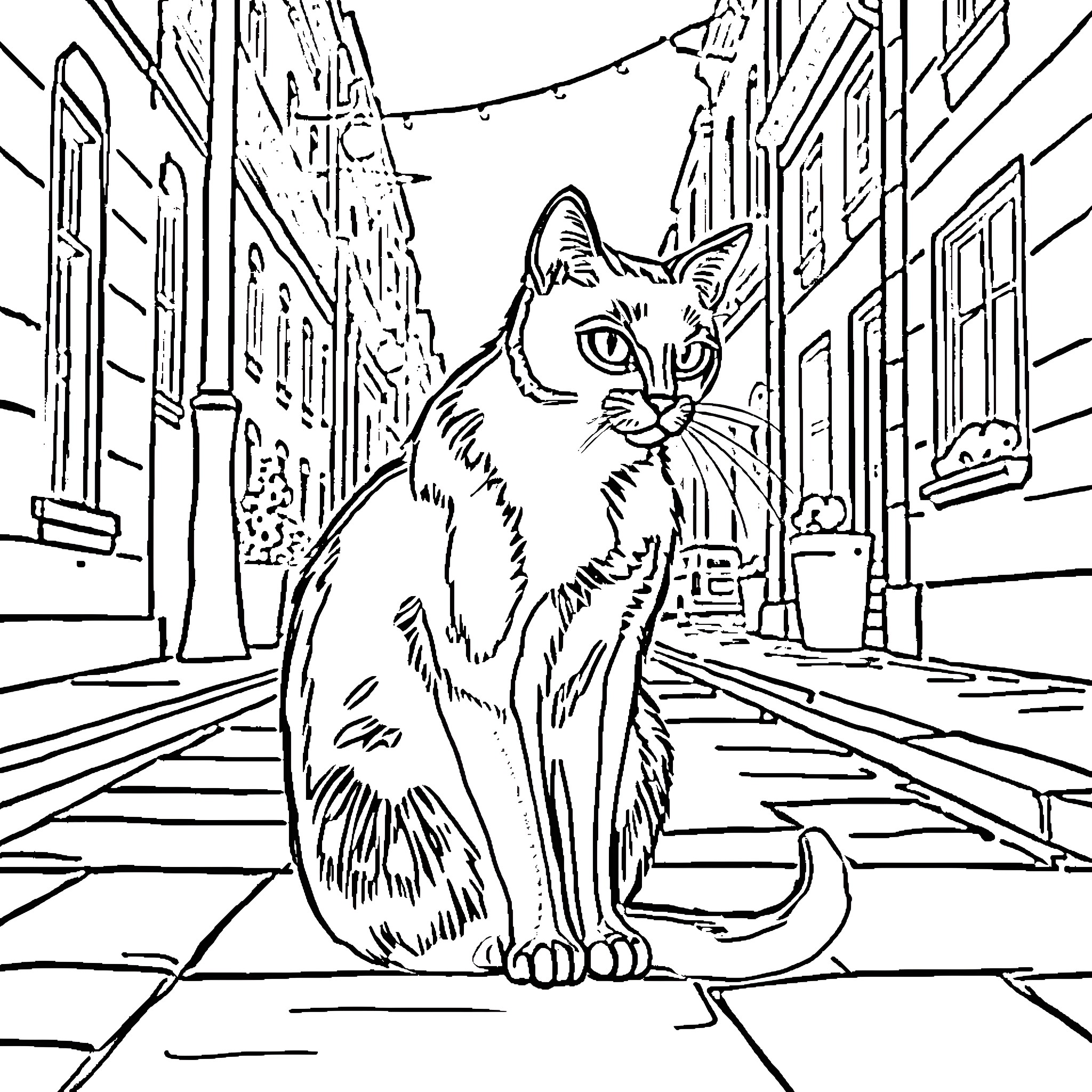 Cat in a city street scene Coloring Page (free black-and-white line drawing printable PDF for all, from beginners to advanced learners, including children, teens, adults, and seniors)