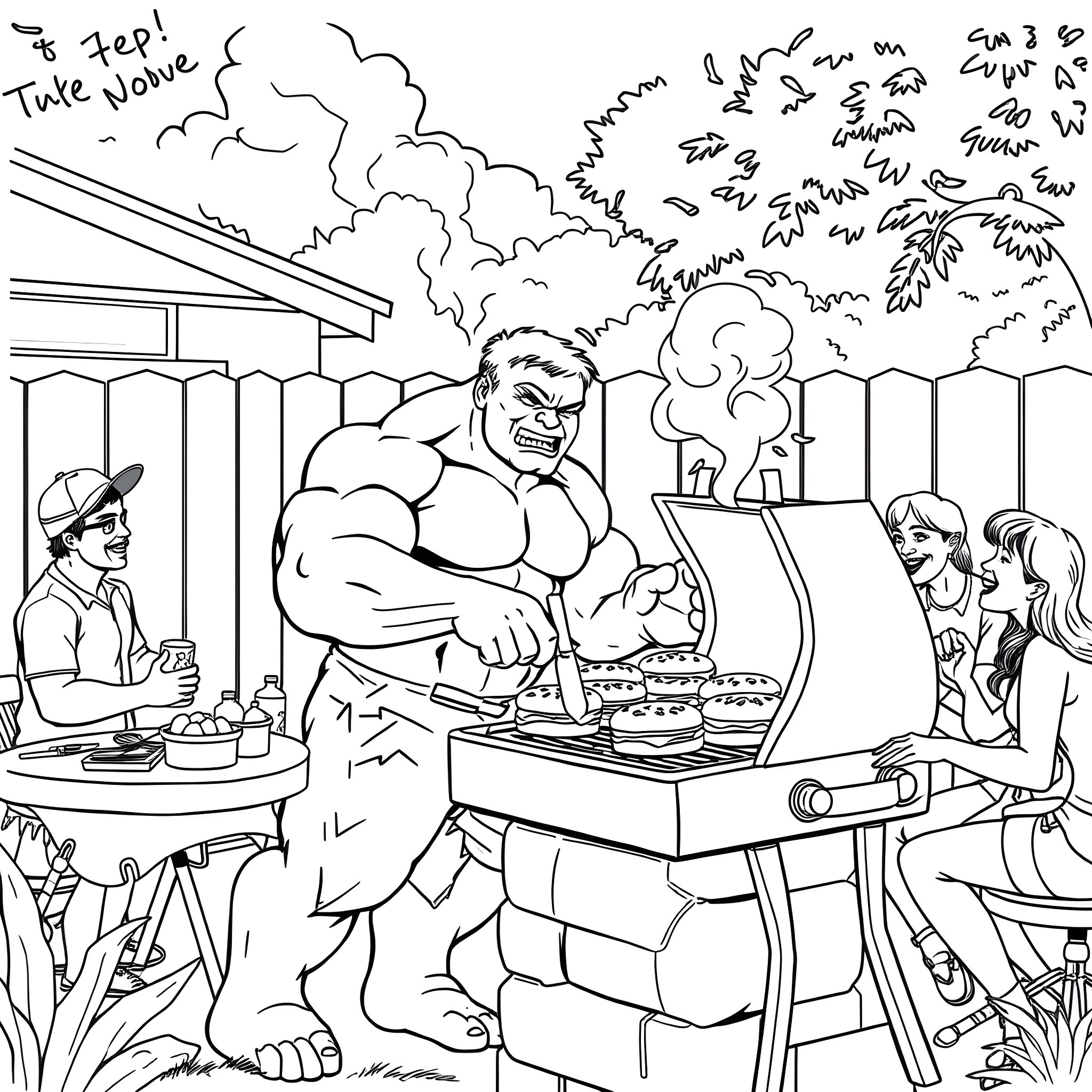 Hulk grilling with friends at a backyard barbecue Coloring Page (free black-and-white line drawing printable PDF for all, from beginners to advanced learners, including children, teens, adults, and seniors)