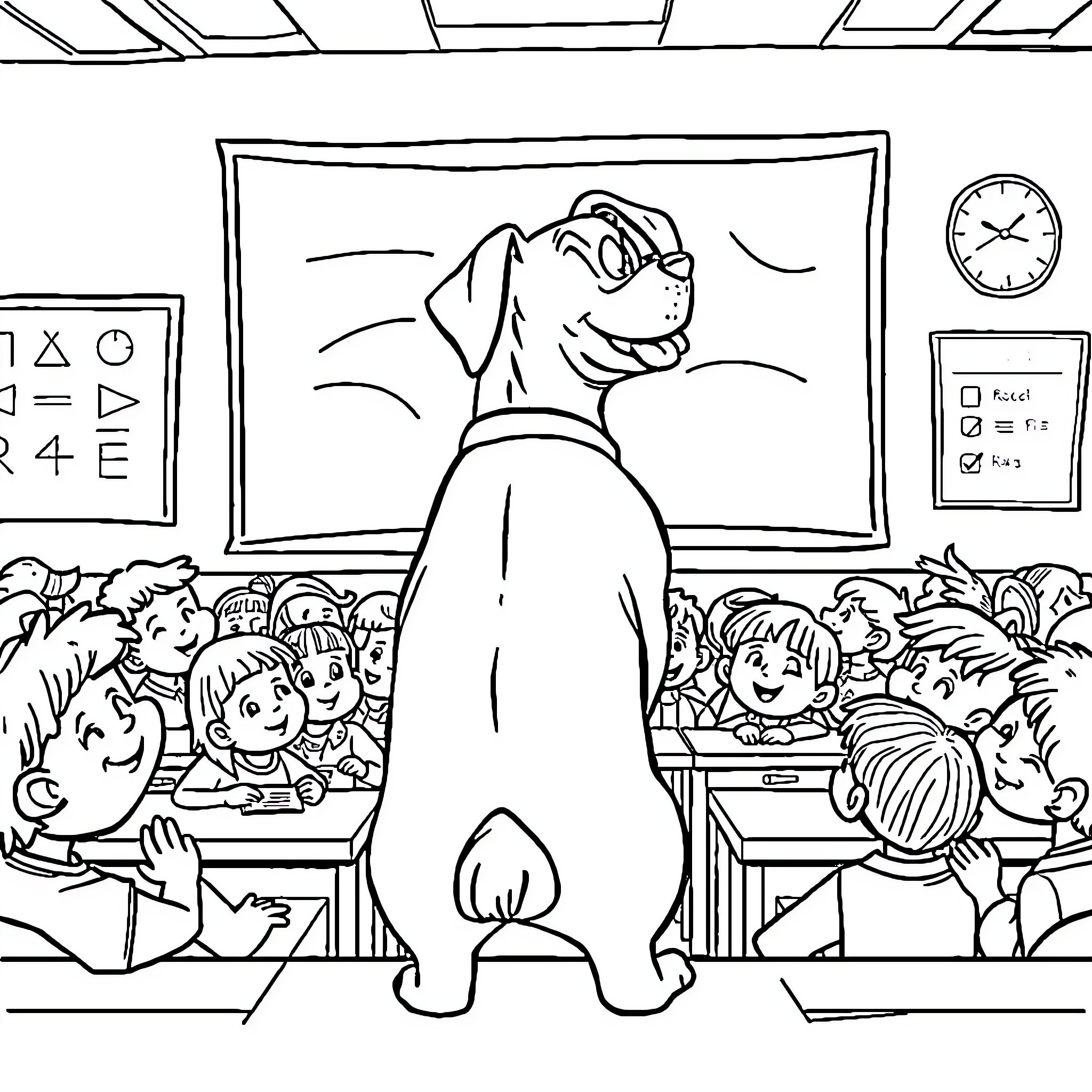 Boxer Dog Teaching Students in Classroom Coloring Page (free black-and-white line drawing printable PDF for all, from beginners to advanced learners, including children, teens, adults, and seniors)