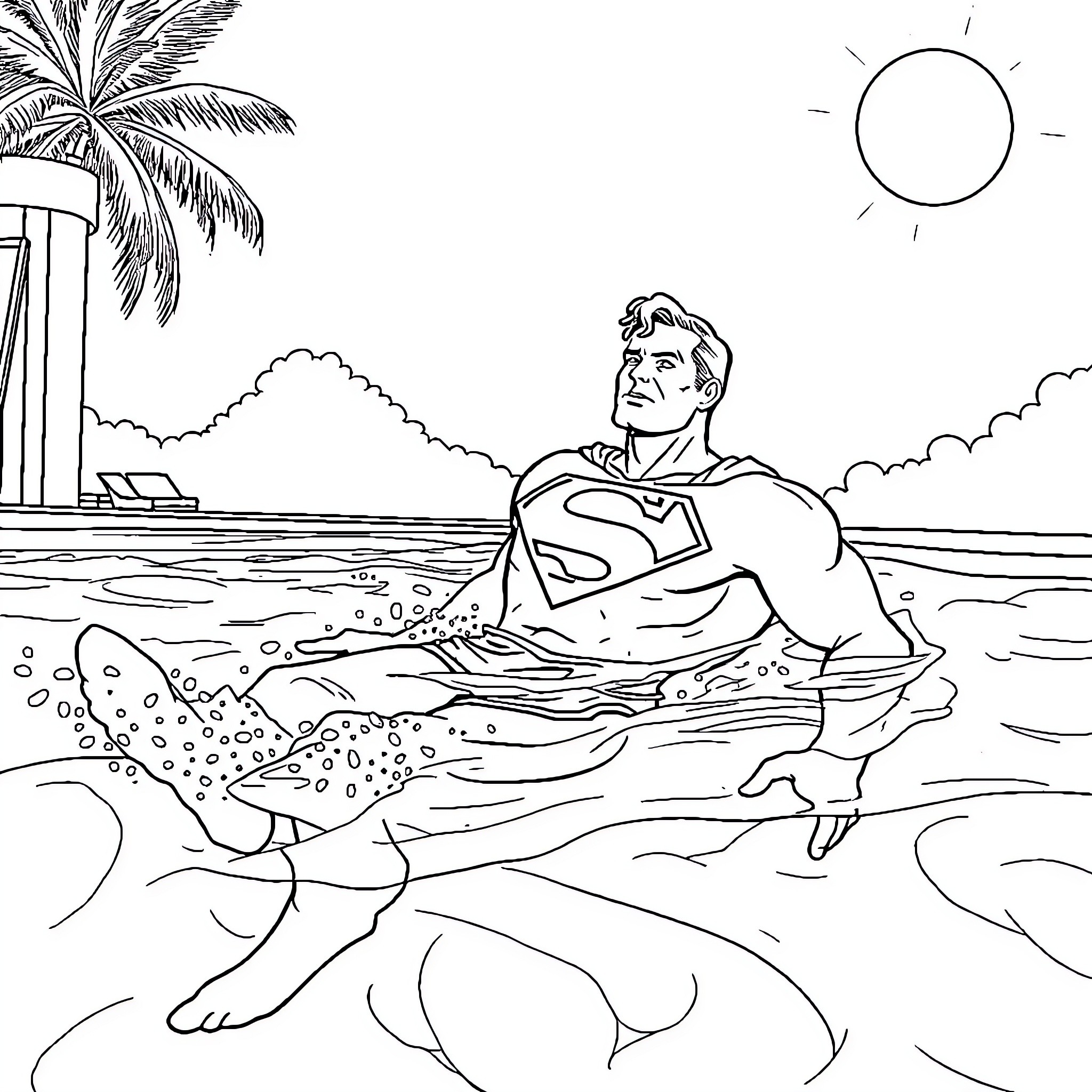 Superman relaxing in the tropical ocean Coloring Page (free black-and-white line drawing printable PDF for all, from beginners to advanced learners, including children, teens, adults, and seniors)