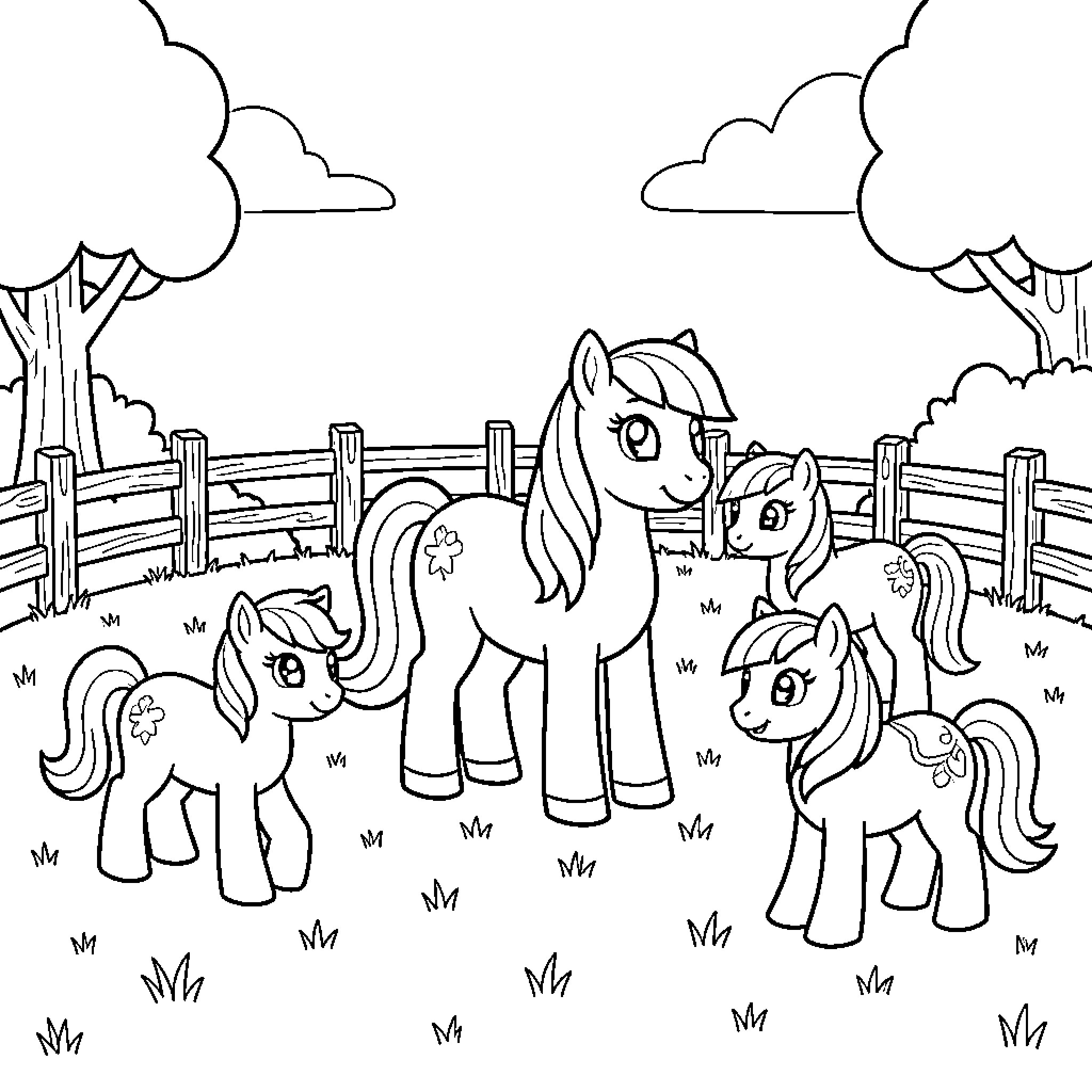 Pony group standing together in a grassy field Coloring Page (free black-and-white line drawing printable PDF for all, from beginners to advanced learners, including children, teens, adults, and seniors)