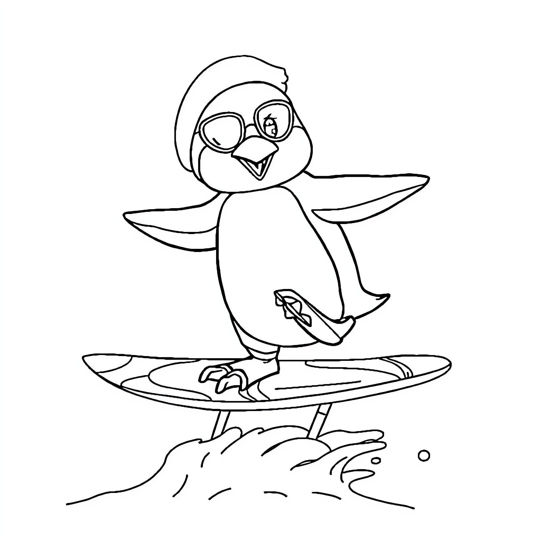 Penguin surfing with sunglasses Coloring Page (free black-and-white line drawing printable PDF for all, from beginners to advanced learners, including children, teens, adults, and seniors)