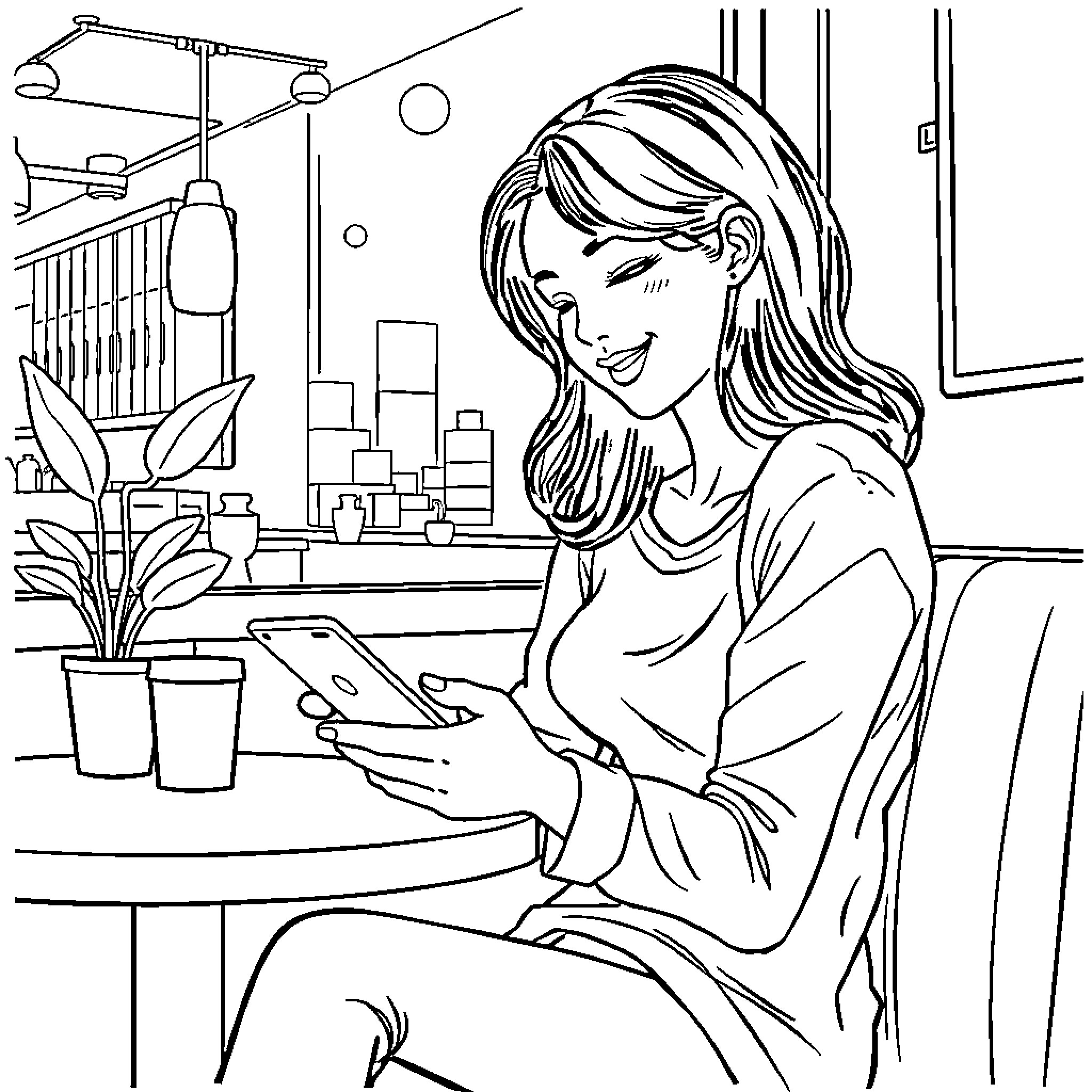Fille using her mobile device in a room Coloring Page (free black-and-white line drawing printable PDF for all, from beginners to advanced learners, including children, teens, adults, and seniors)
