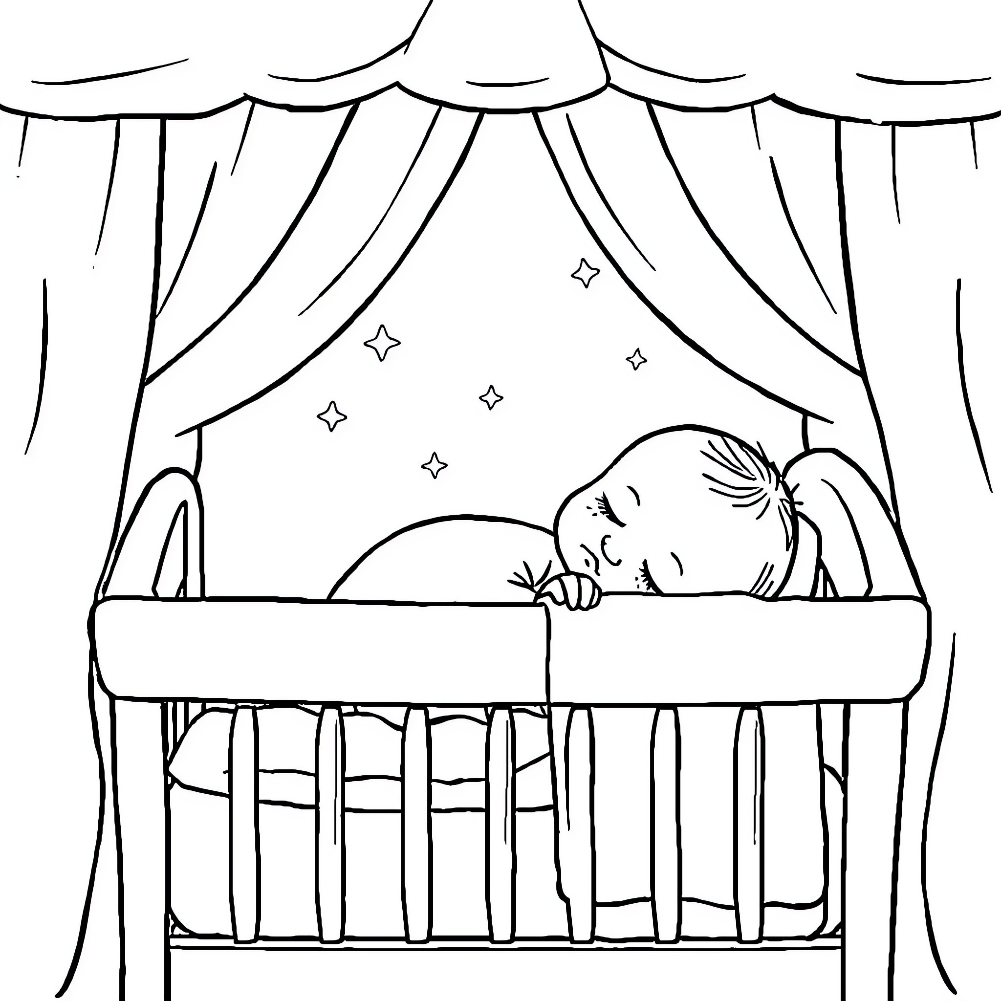 Baby sleeping peacefully in crib surrounded by stars Coloring Page (free black-and-white line drawing printable PDF for all, from beginners to advanced learners, including children, teens, adults, and seniors)