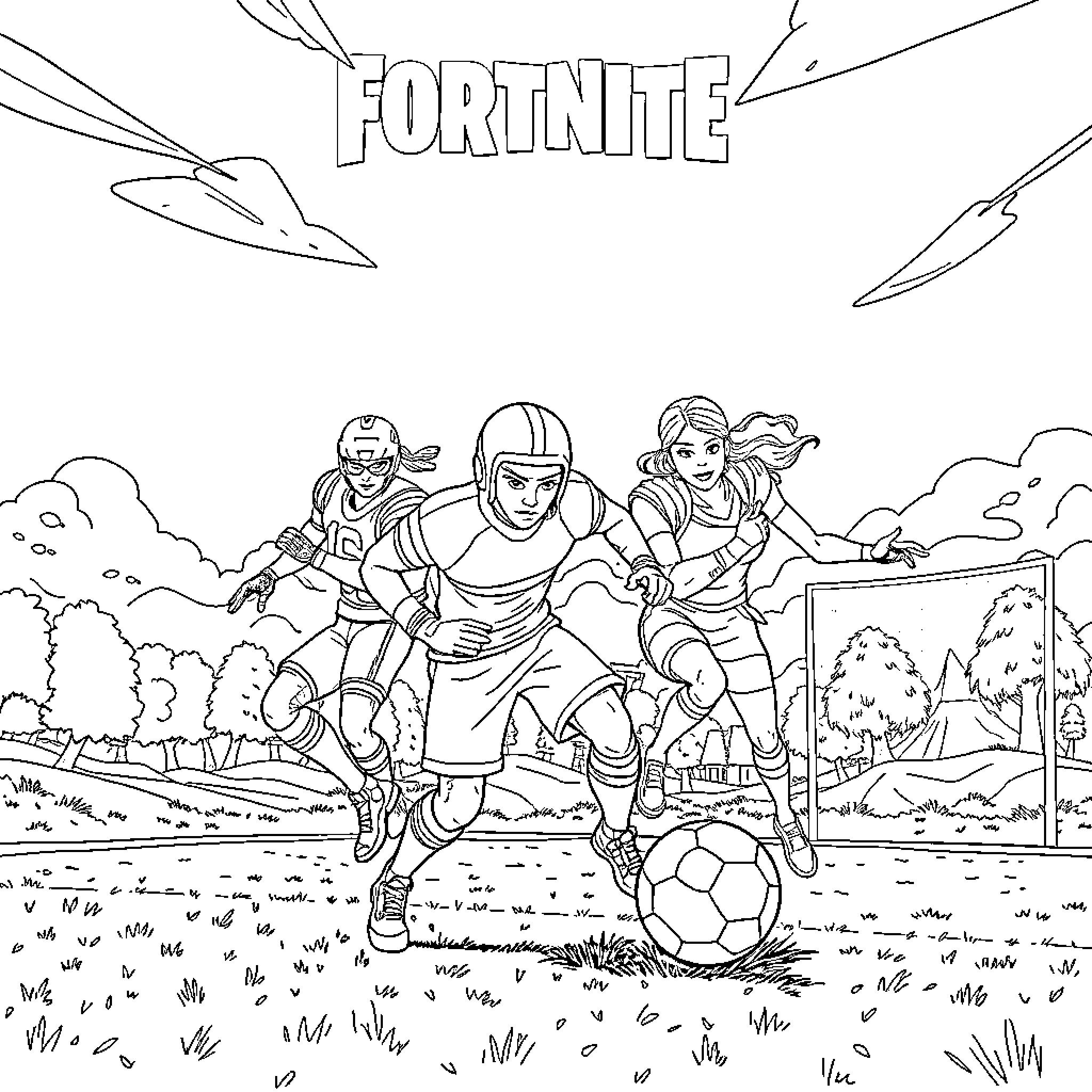 Fortnite characters in action on the field Coloring Page (free black-and-white line drawing printable PDF for all, from beginners to advanced learners, including children, teens, adults, and seniors)