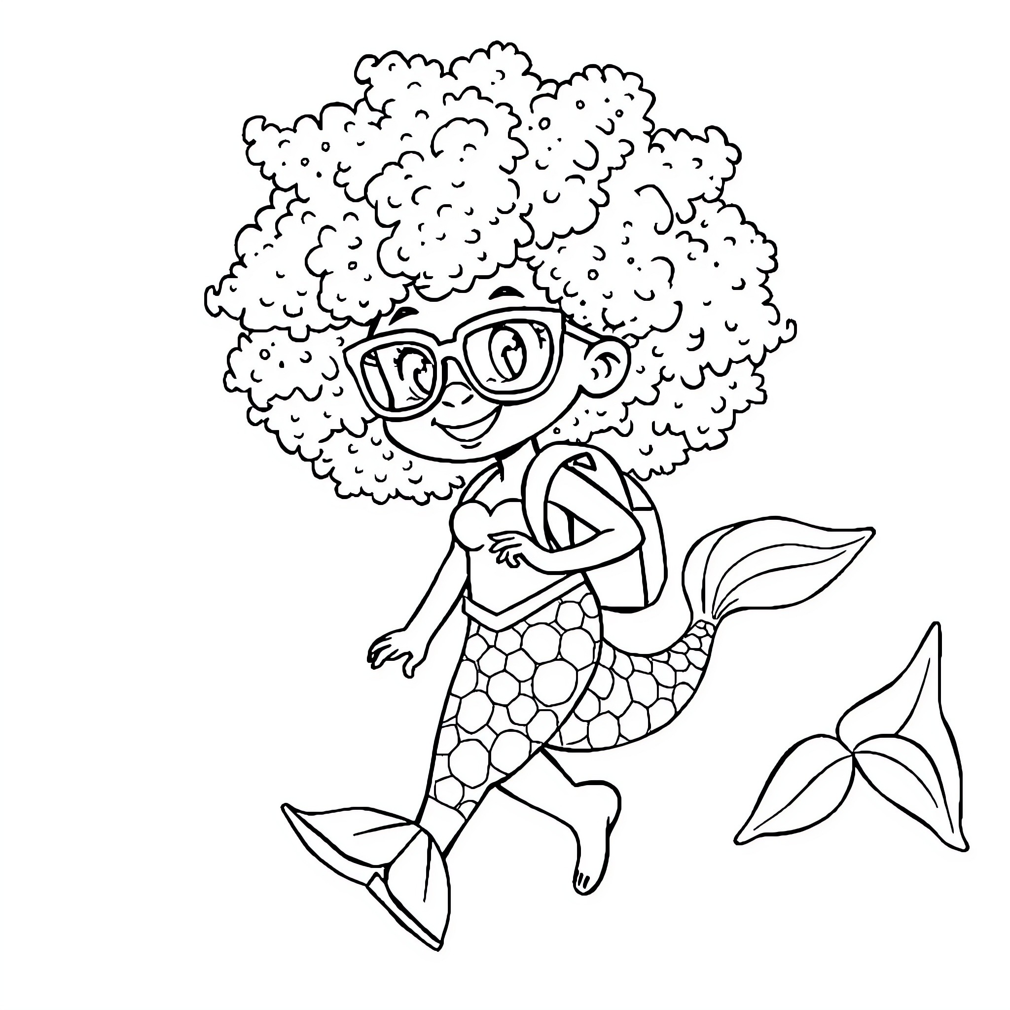 Mermaid with glasses joyfully swimming Coloring Page (free black-and-white line drawing printable PDF for all, from beginners to advanced learners, including children, teens, adults, and seniors)