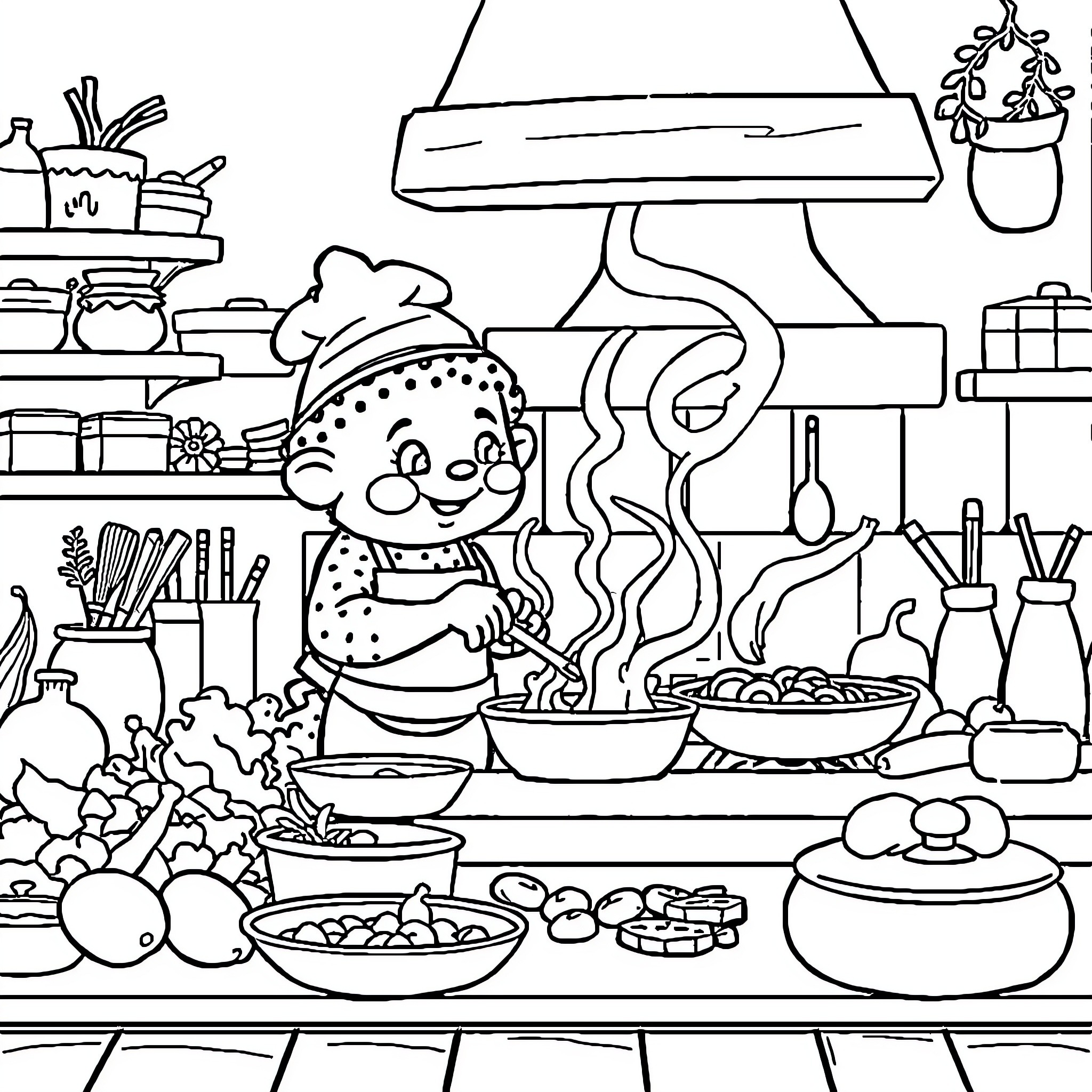 Labubu's Vibrant Kitchen Adventure Coloring Page (free black-and-white line drawing printable PDF for all, from beginners to advanced learners, including children, teens, adults, and seniors)