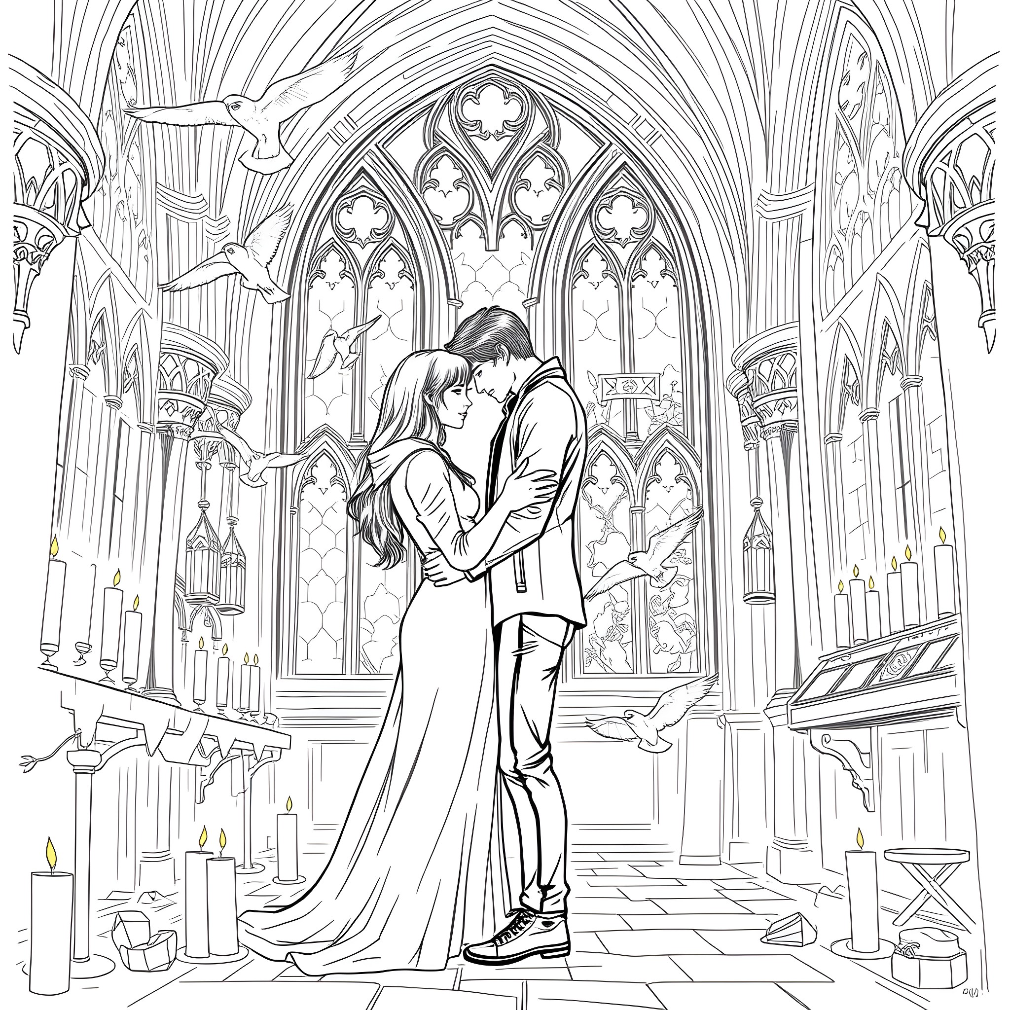 Bella Swan's Romantic Embrace in a Gothic Cathedral Coloring Page (free black-and-white line drawing printable PDF for all, from beginners to advanced learners, including children, teens, adults, and seniors)