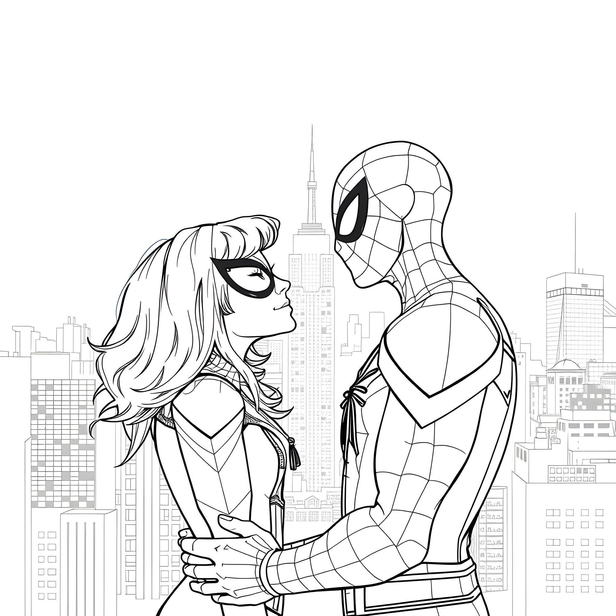 Spider-Man and Heroine Hero in Romantic Embrace Coloring Page (free black-and-white line drawing printable PDF for all, from beginners to advanced learners, including children, teens, adults, and seniors)