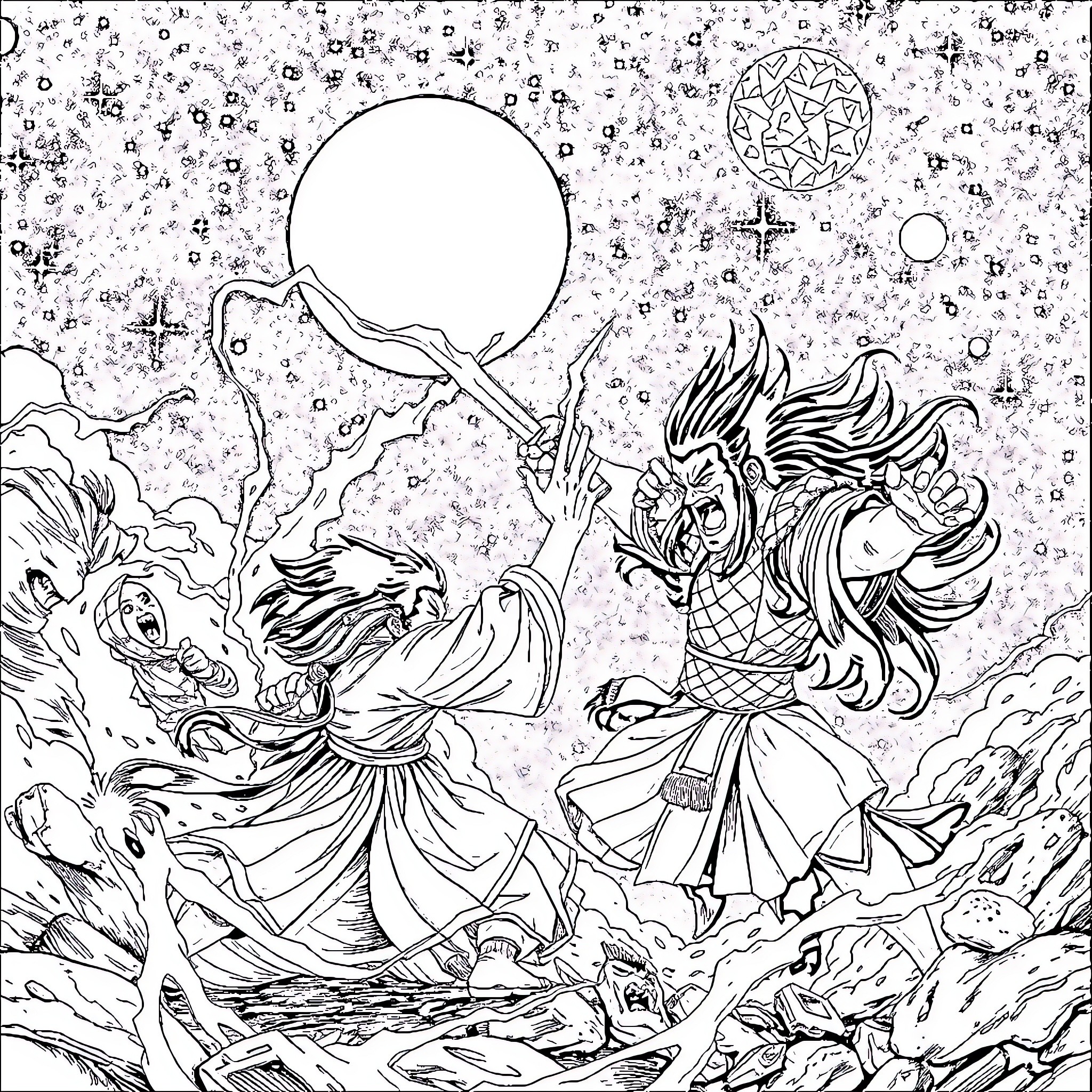 Nezuko in an epic battle against demonic forces Coloring Page (free black-and-white line drawing printable PDF for all, from beginners to advanced learners, including children, teens, adults, and seniors)