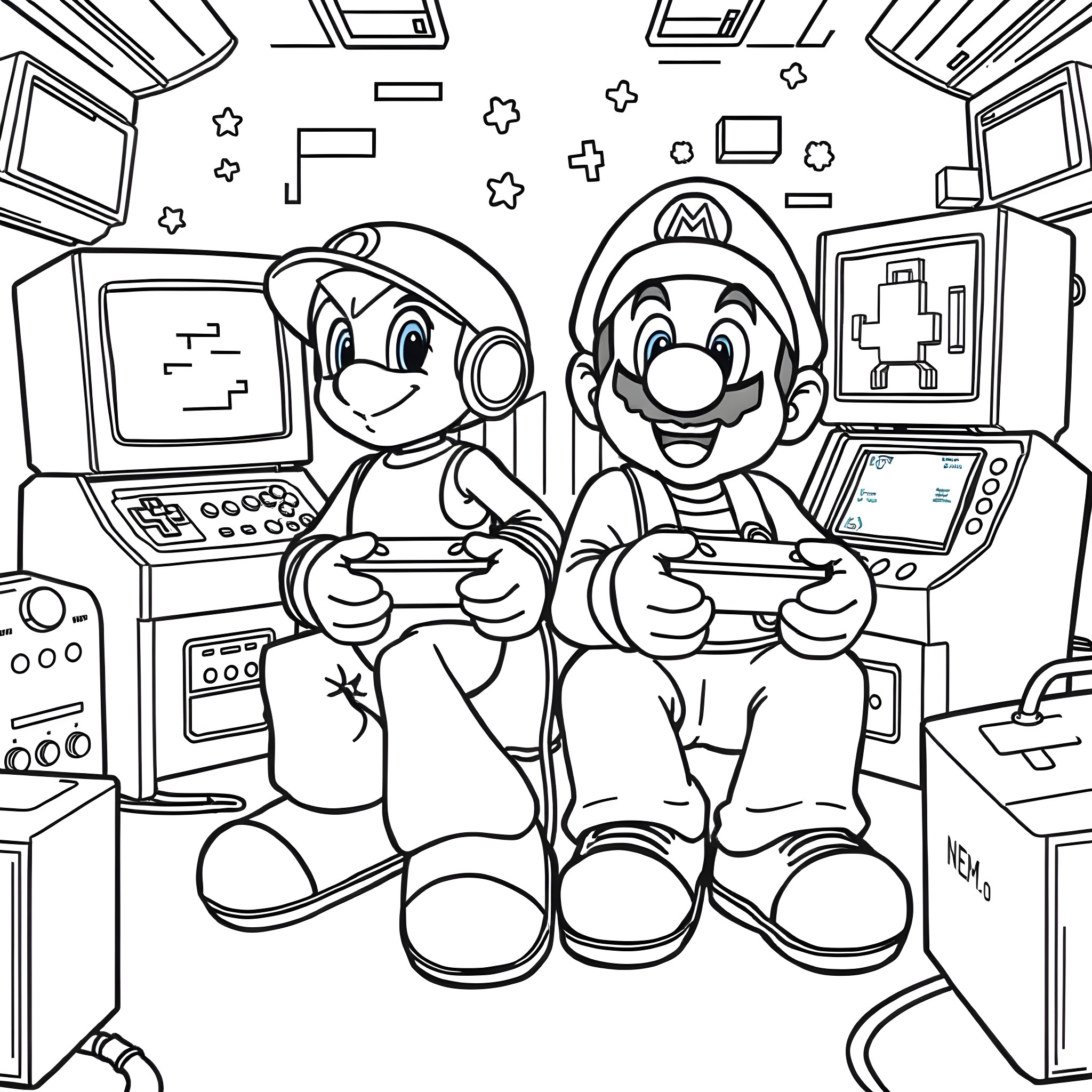 Megaman and Mario playing video games together Coloring Page (free black-and-white line drawing printable PDF for all, from beginners to advanced learners, including children, teens, adults, and seniors)