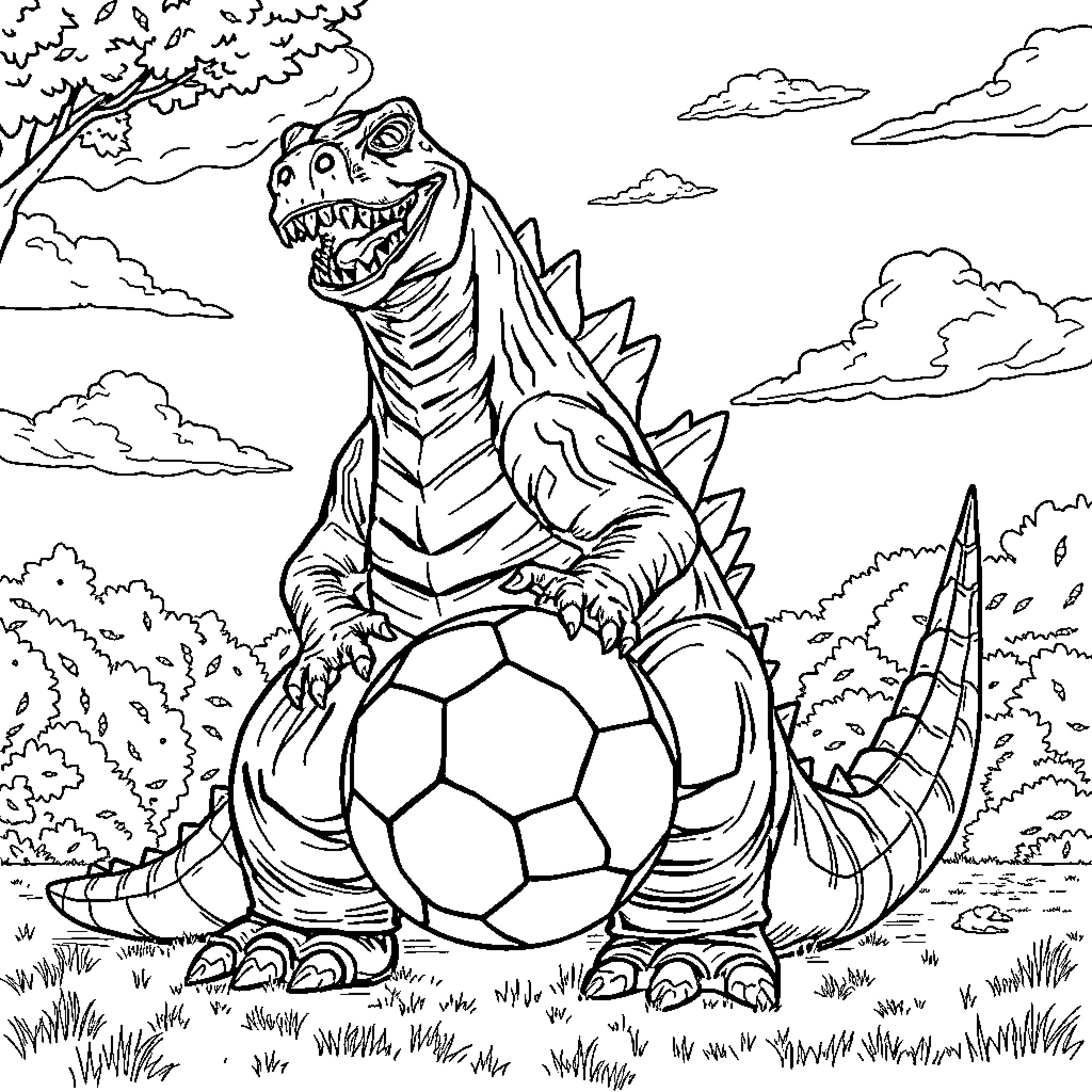 Godzilla playing with soccer ball in nature Coloring Page (free black-and-white line drawing printable PDF for all, from beginners to advanced learners, including children, teens, adults, and seniors)