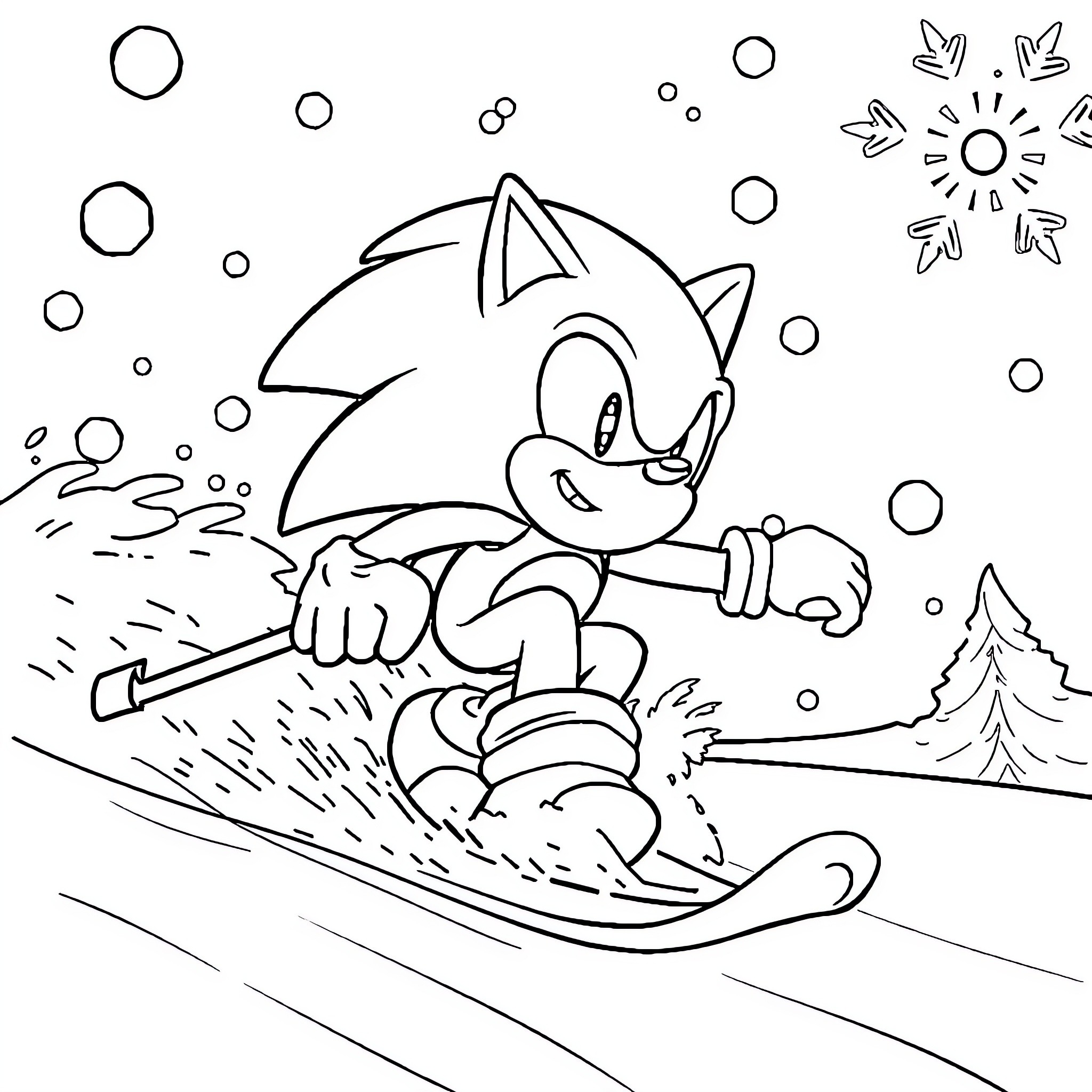 Sonic sledding through a snowy landscape Coloring Page (free black-and-white line drawing printable PDF for all, from beginners to advanced learners, including children, teens, adults, and seniors)