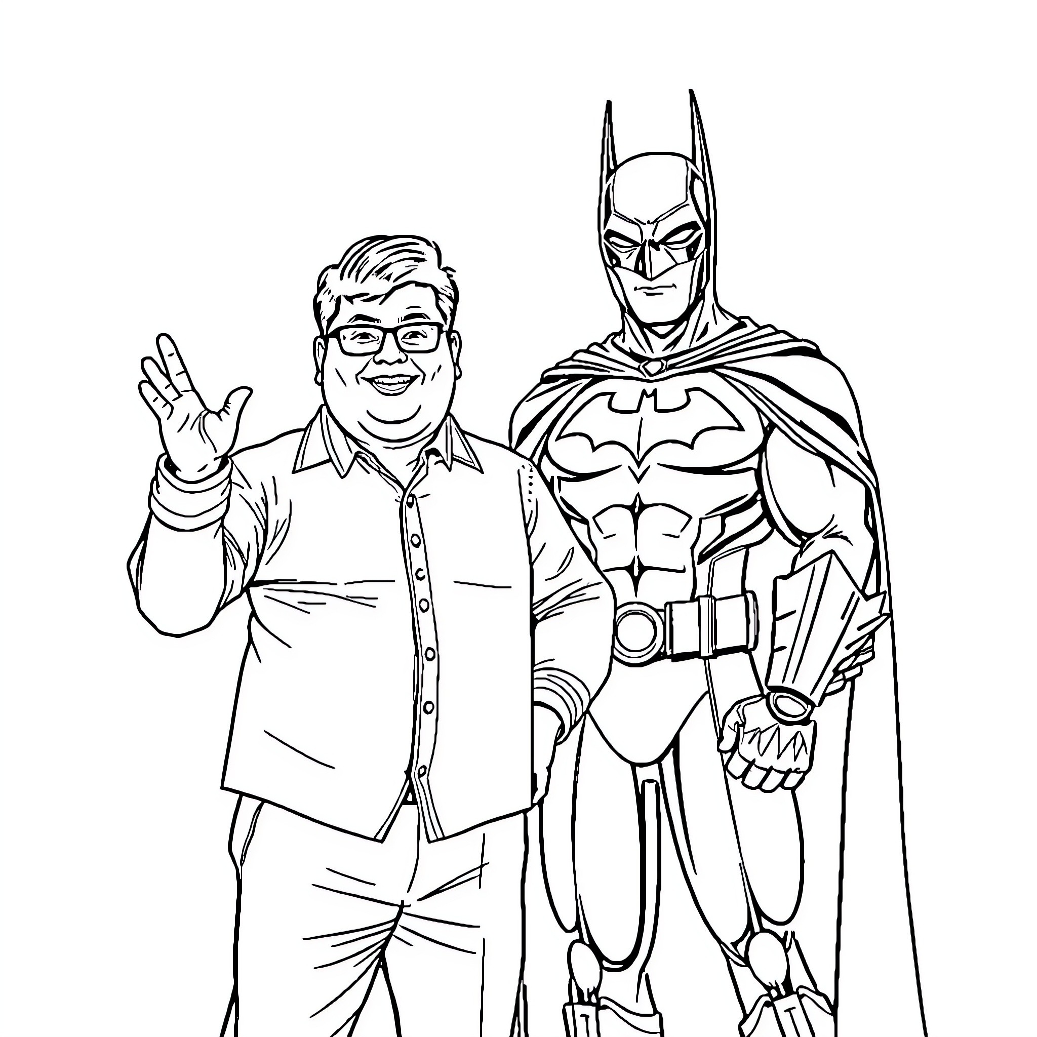 Mr Chow meets the Dark Knight Coloring Page (free black-and-white line drawing printable PDF for all, from beginners to advanced learners, including children, teens, adults, and seniors)