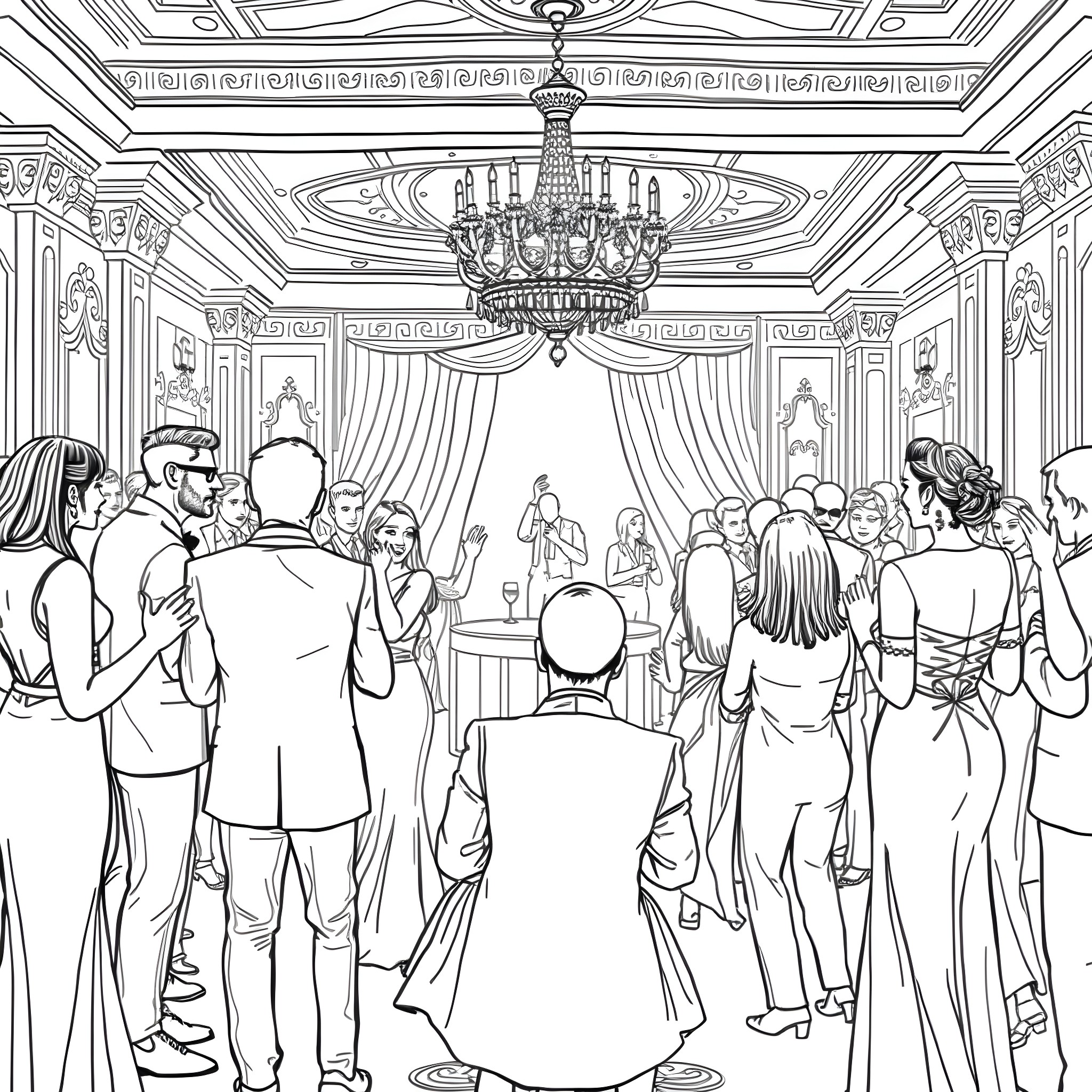 Party in a Lavish Ballroom with Elegant Guests Coloring Page (free black-and-white line drawing printable PDF for all, from beginners to advanced learners, including children, teens, adults, and seniors)