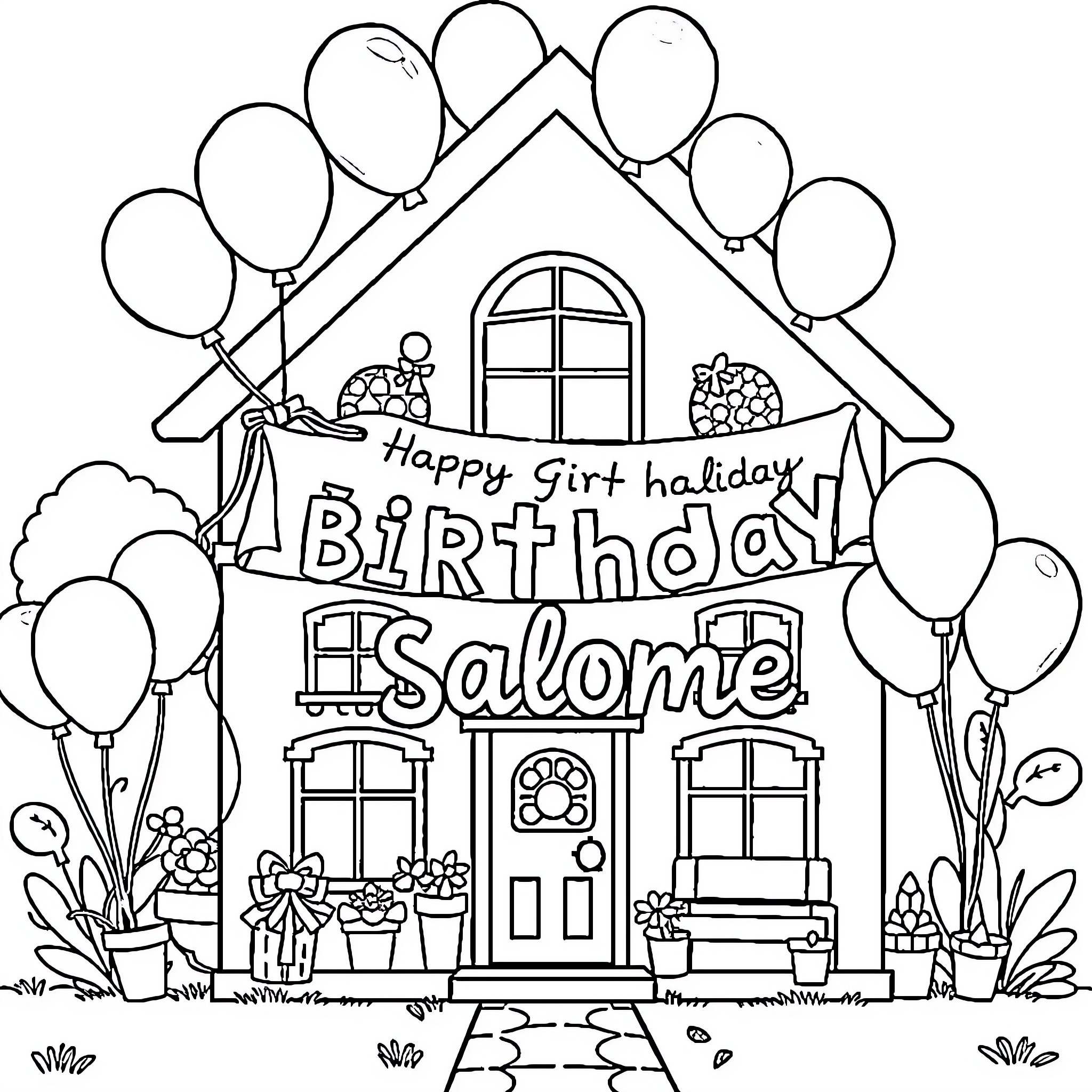 Gabby's Dollhouse: Birthday celebration with balloons and house Coloring Page (free black-and-white line drawing printable PDF for all, from beginners to advanced learners, including children, teens, adults, and seniors)