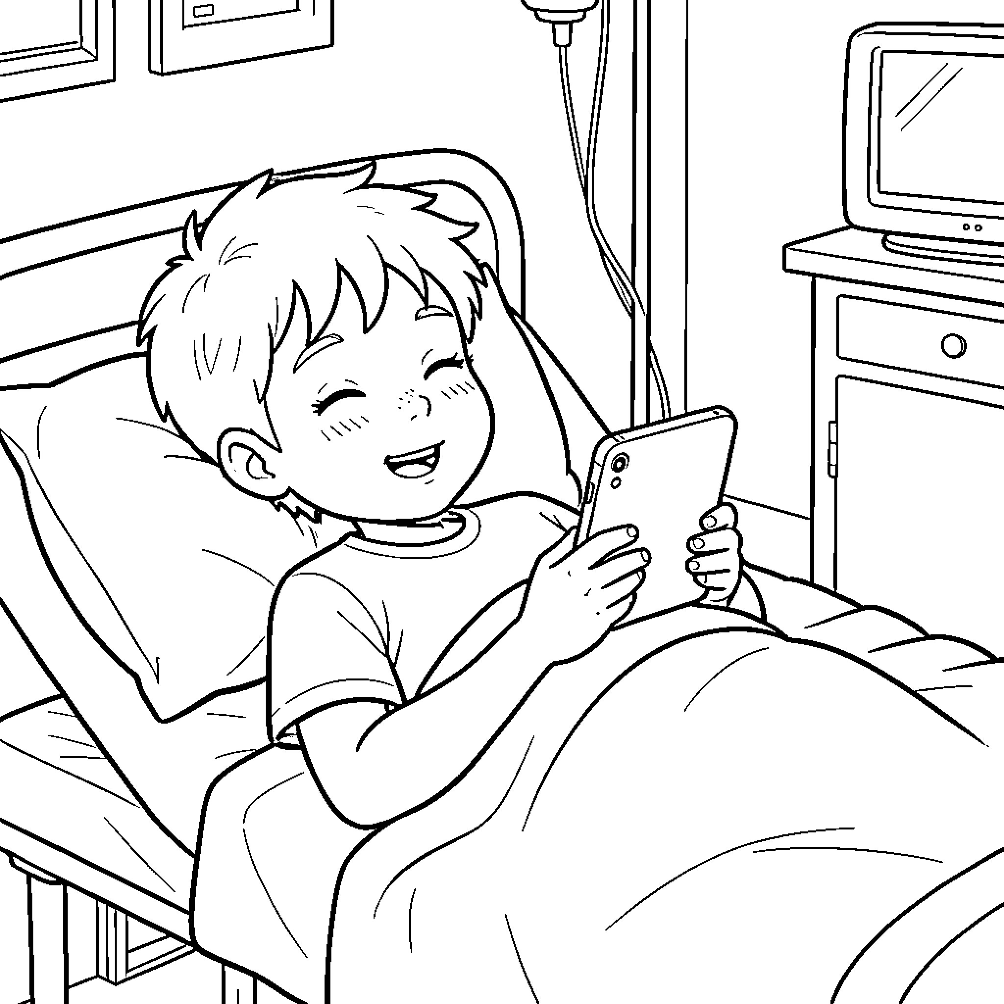 Boy lying in bed smiling while using a phone Coloring Page (free black-and-white line drawing printable PDF for all, from beginners to advanced learners, including children, teens, adults, and seniors)
