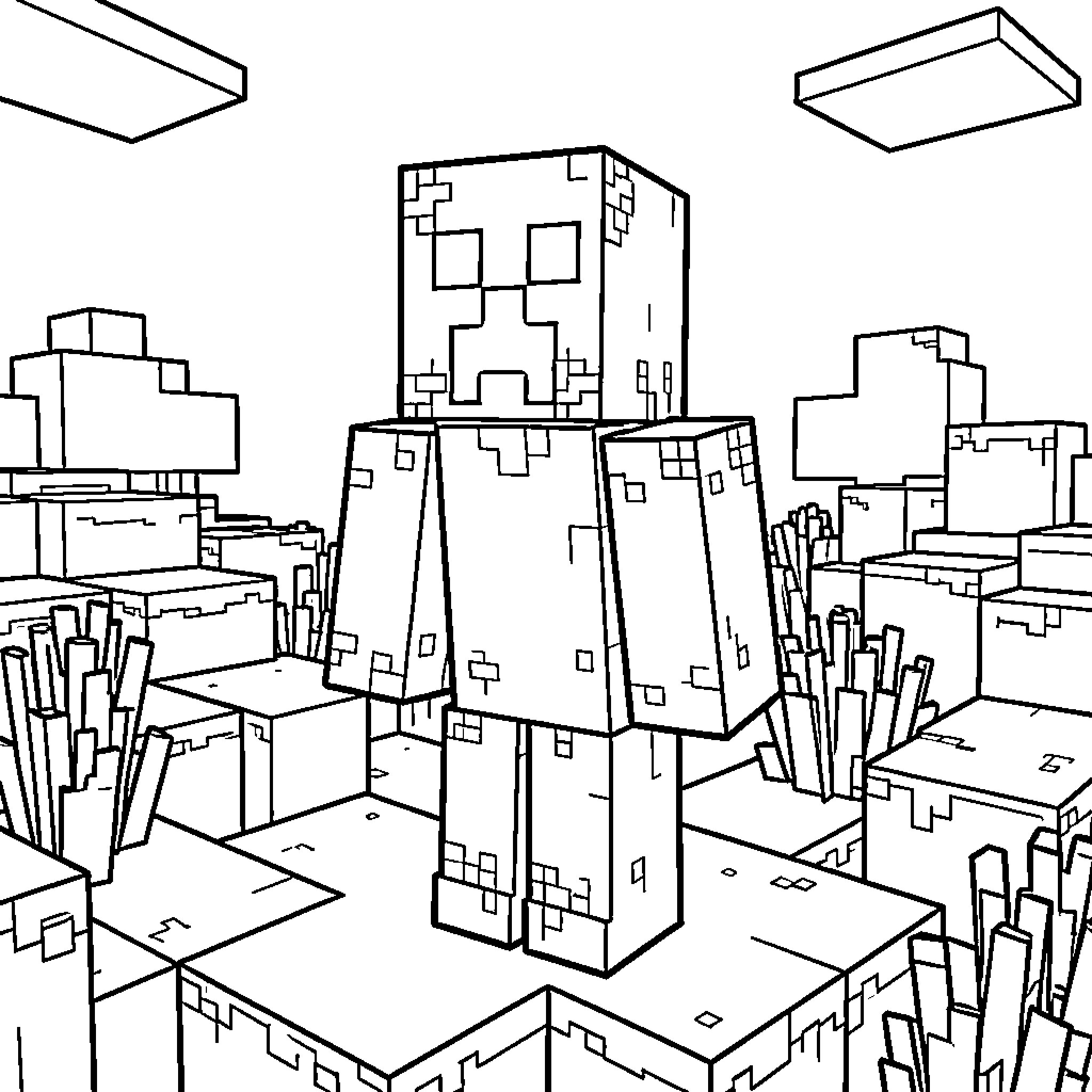 Creeper standing amidst a blocky landscape Coloring Page (free black-and-white line drawing printable PDF for all, from beginners to advanced learners, including children, teens, adults, and seniors)