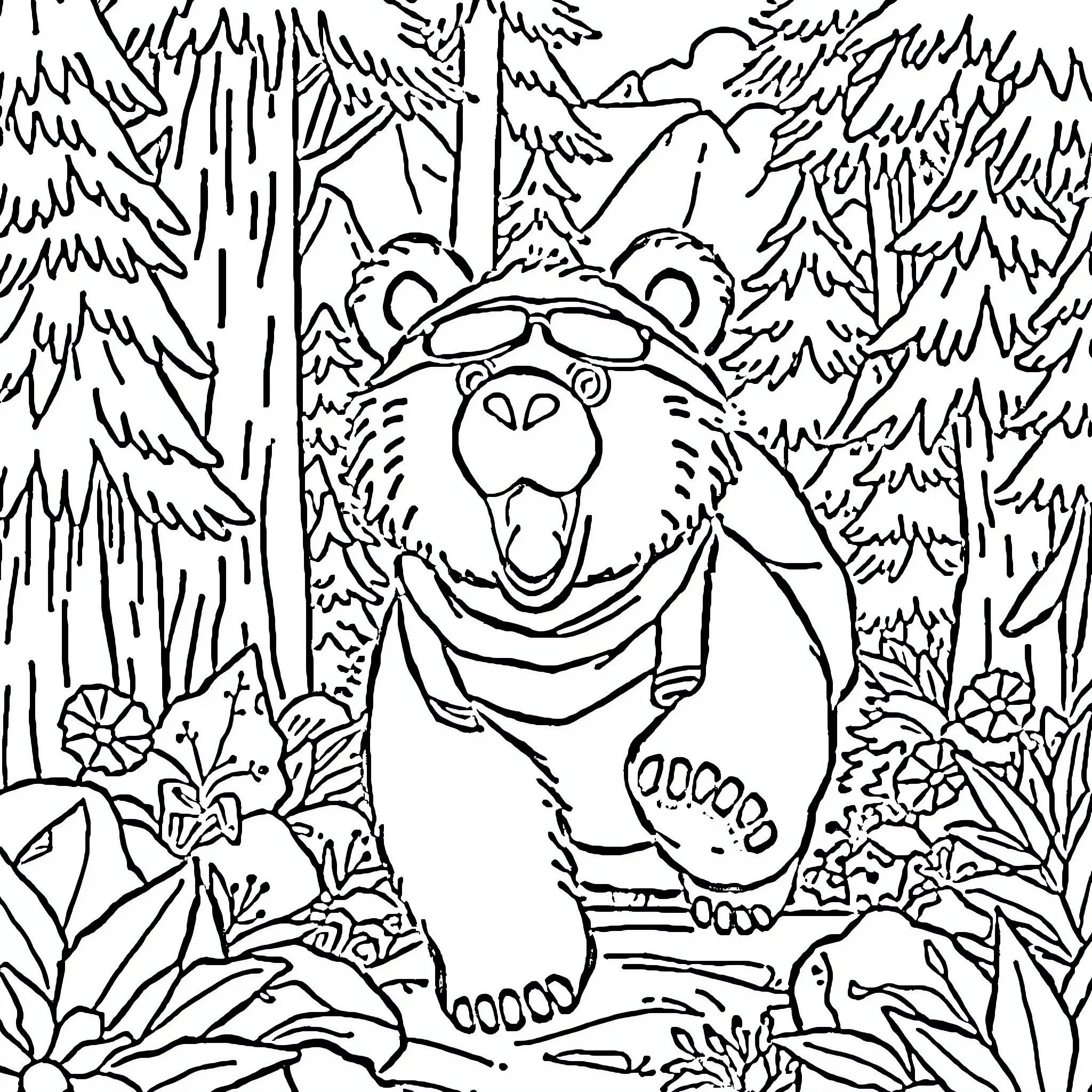 Bear exploring the enchanted forest Coloring Page (free black-and-white line drawing printable PDF for all, from beginners to advanced learners, including children, teens, adults, and seniors)