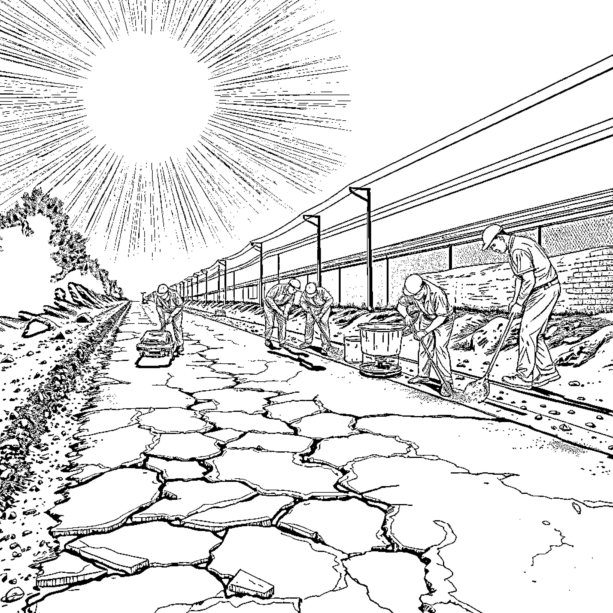 Inmate working hard under the sun's glare Coloring Page (free black-and-white line drawing printable PDF for all, from beginners to advanced learners, including children, teens, adults, and seniors)