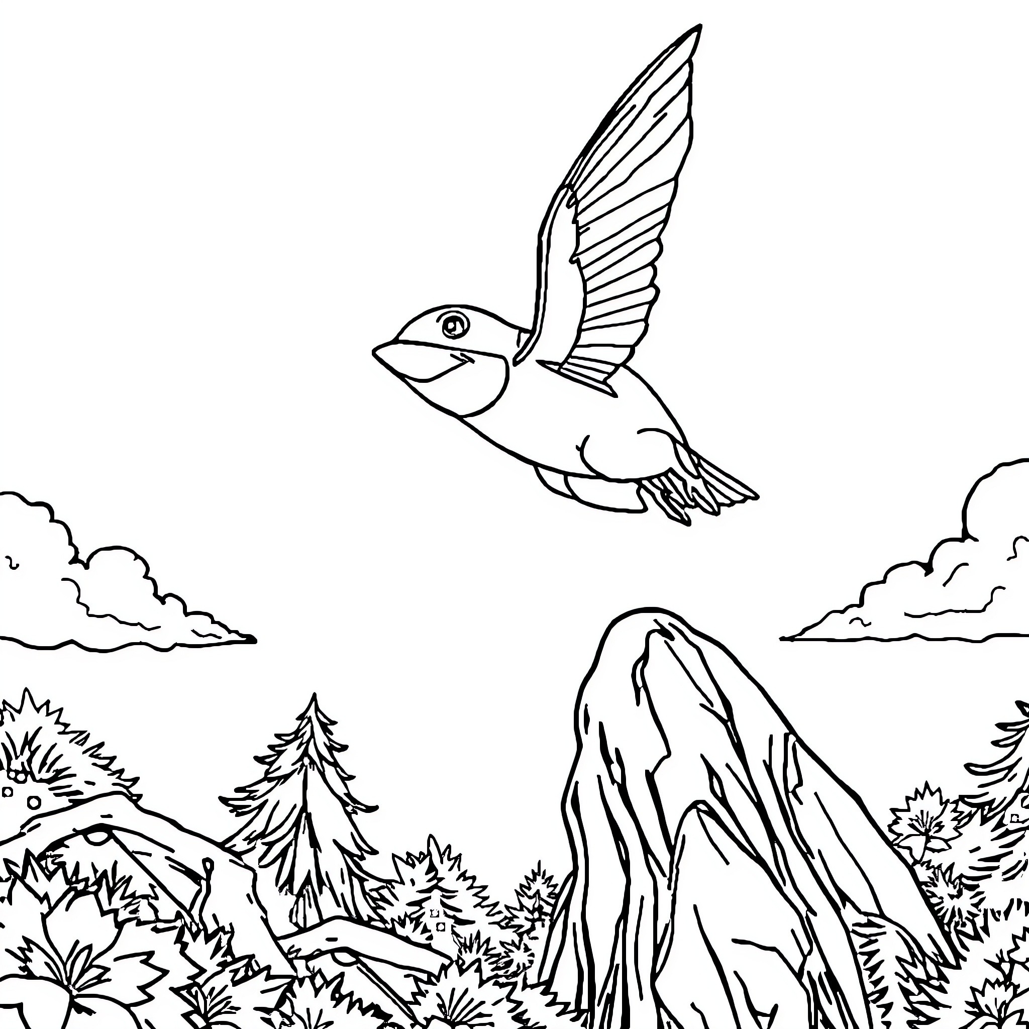 Manky Bird Soaring Over Hilly Landscape Coloring Page (free black-and-white line drawing printable PDF for all, from beginners to advanced learners, including children, teens, adults, and seniors)