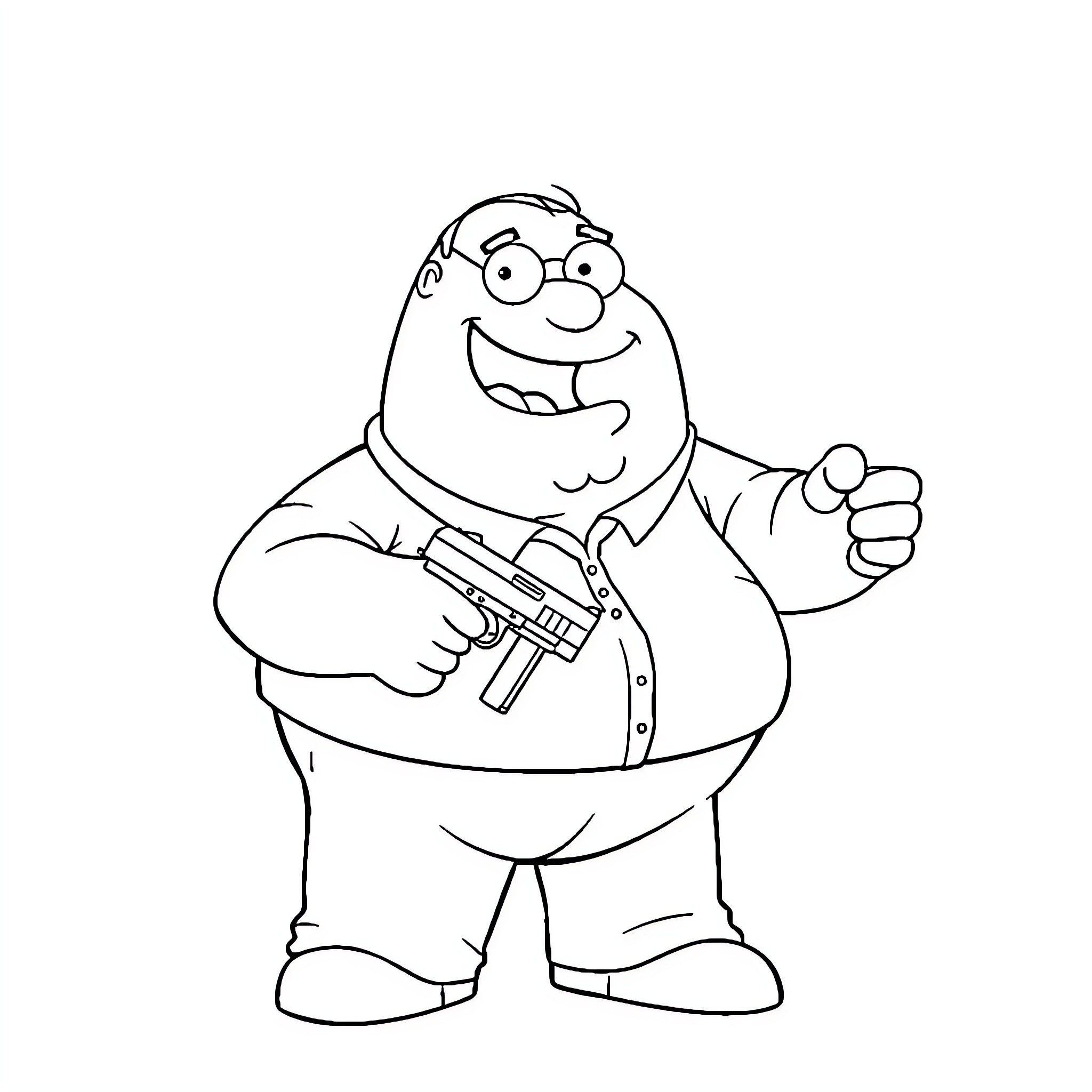 Peter Griffin holding a gun with a mischievous expression Coloring Page (free black-and-white line drawing printable PDF for all, from beginners to advanced learners, including children, teens, adults, and seniors)