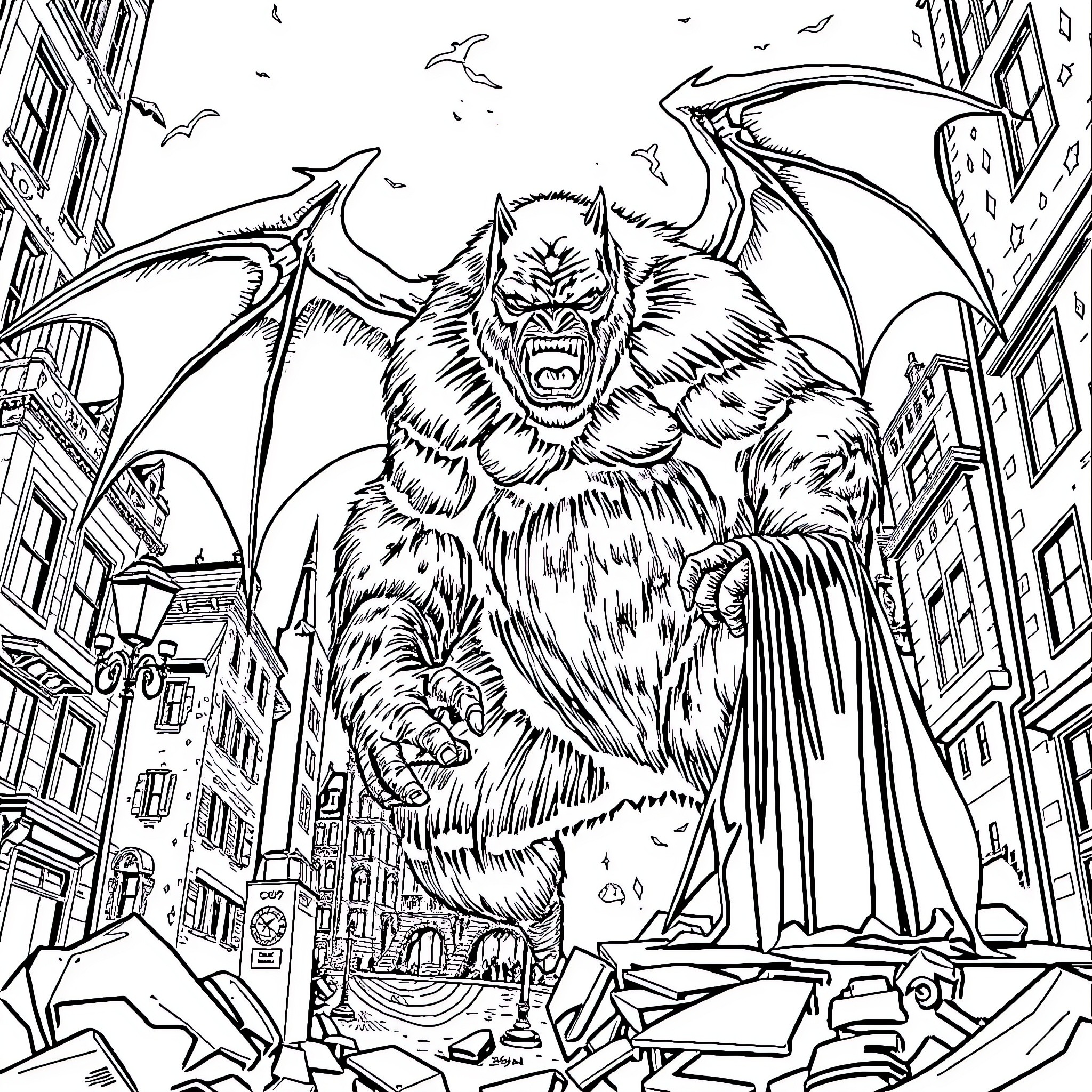 Gorilla monster wreaking havoc in the city Coloring Page (free black-and-white line drawing printable PDF for all, from beginners to advanced learners, including children, teens, adults, and seniors)