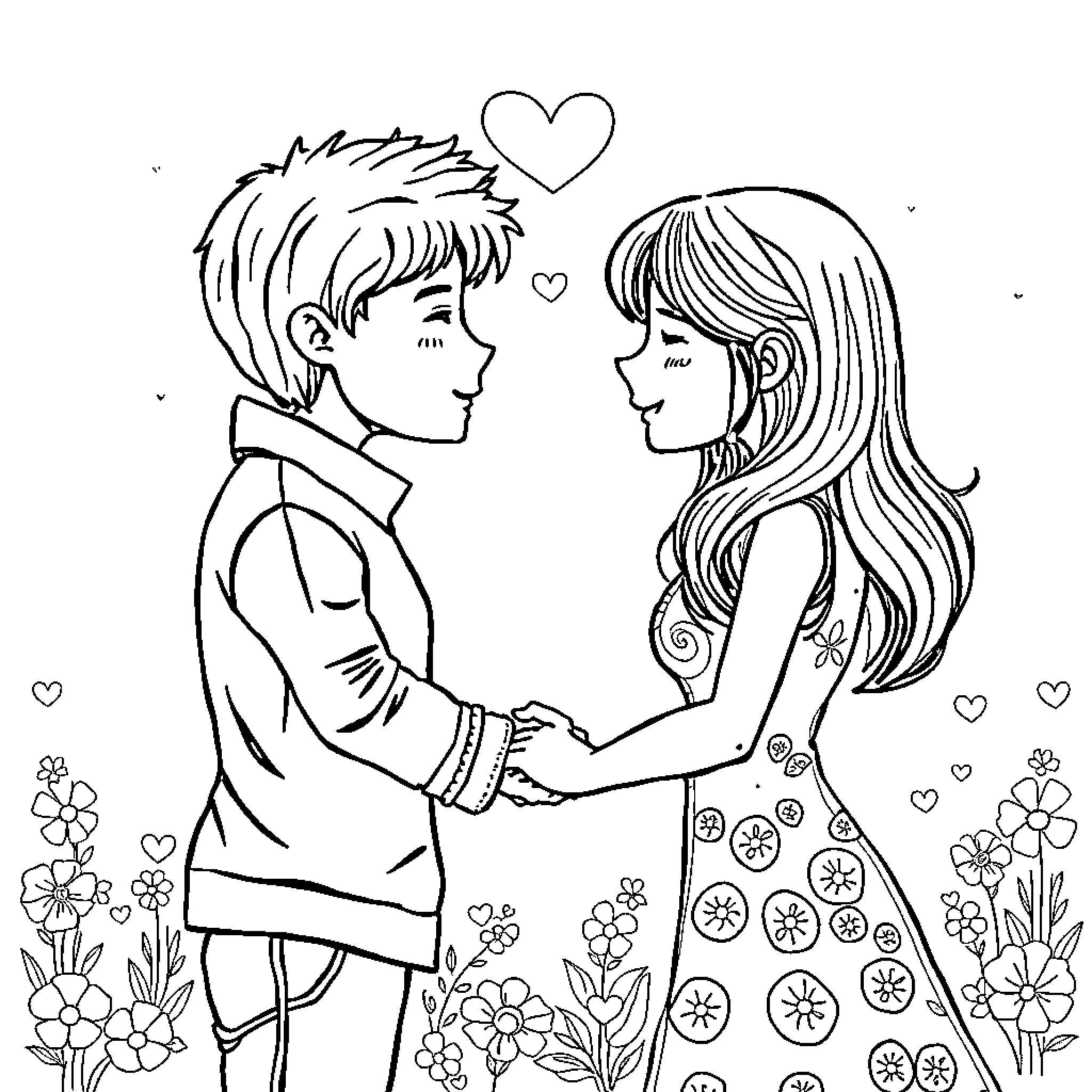 Love in Bloom: A Romantic Moment Coloring Page (free black-and-white line drawing printable PDF for all, from beginners to advanced learners, including children, teens, adults, and seniors)