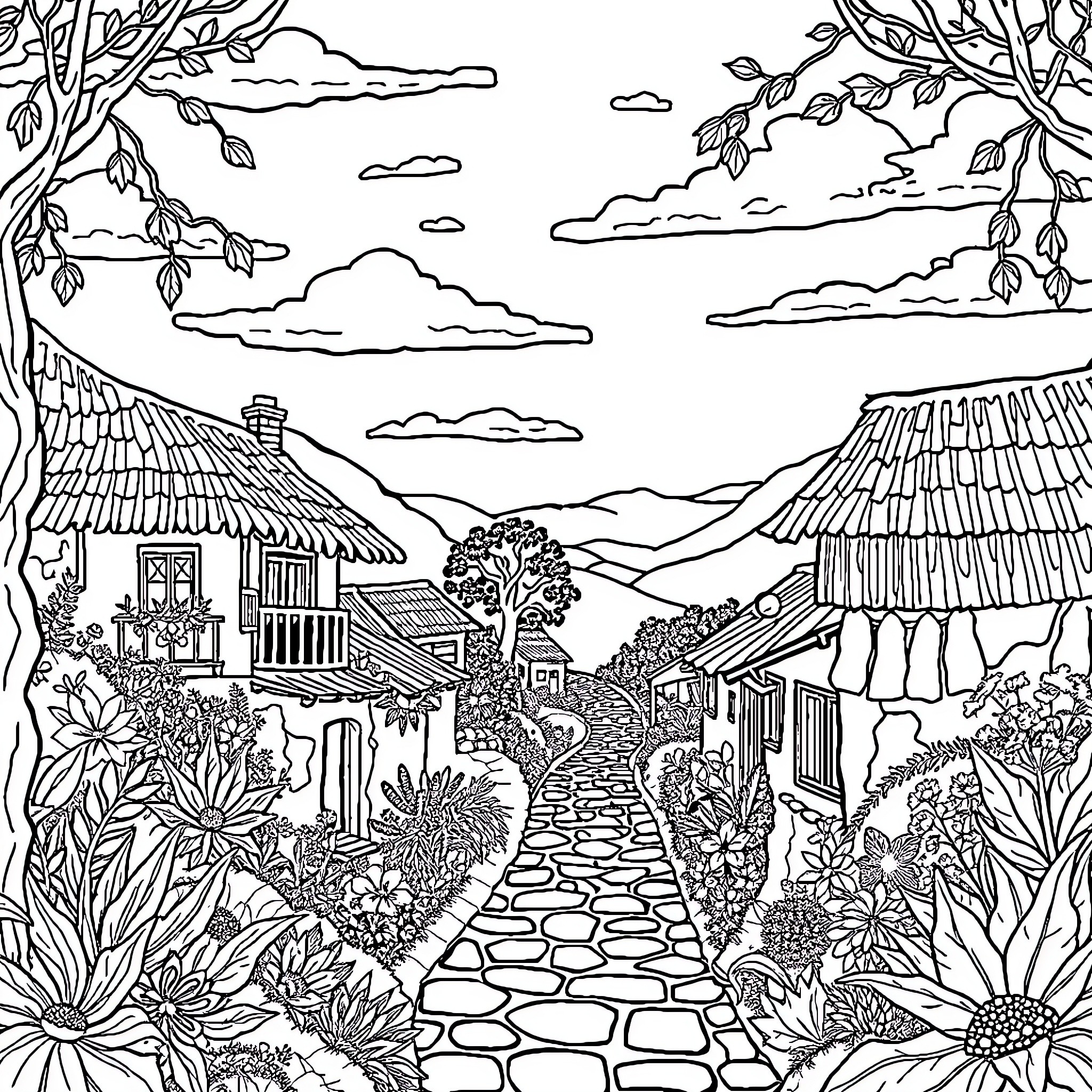 Home in a Serene Countryside Landscape Coloring Page (free black-and-white line drawing printable PDF for all, from beginners to advanced learners, including children, teens, adults, and seniors)