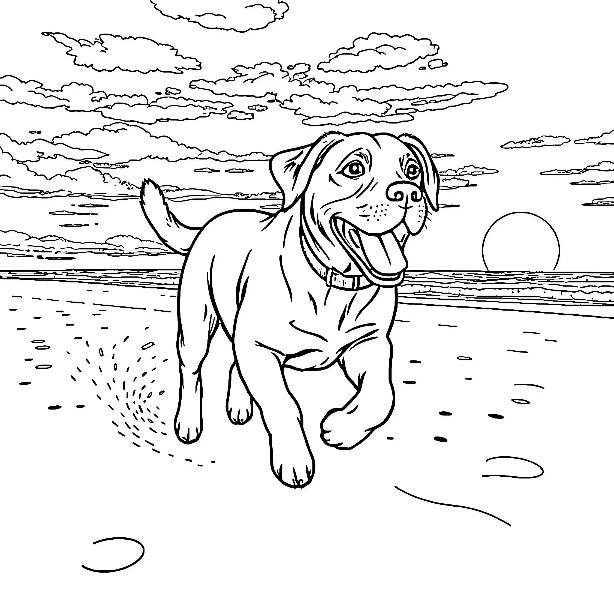 Labrador playing joyfully on the beach Coloring Page (free black-and-white line drawing printable PDF for all, from beginners to advanced learners, including children, teens, adults, and seniors)