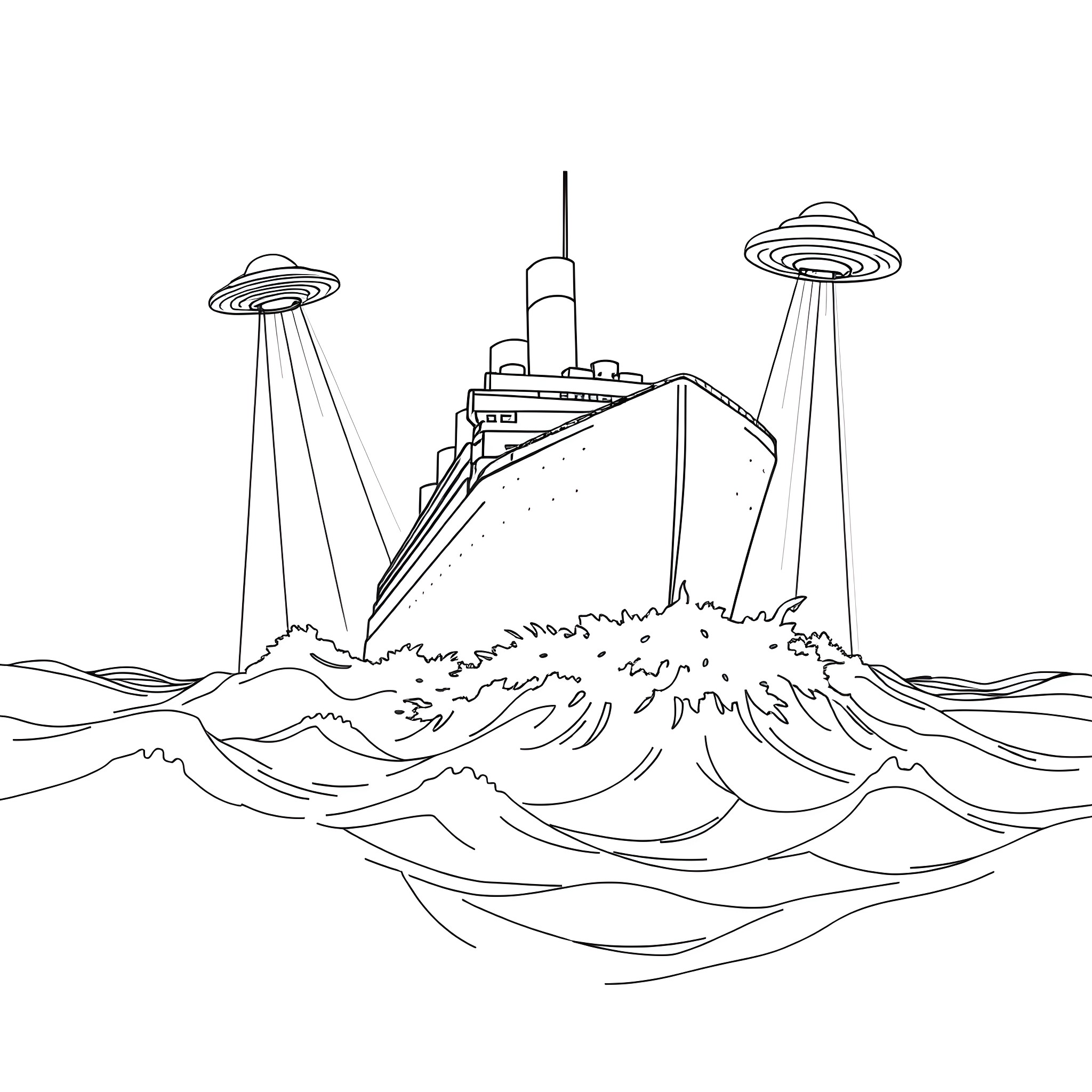 Titanic ship encountering alien UFOs in the ocean Coloring Page (free black-and-white line drawing printable PDF for all, from beginners to advanced learners, including children, teens, adults, and seniors)