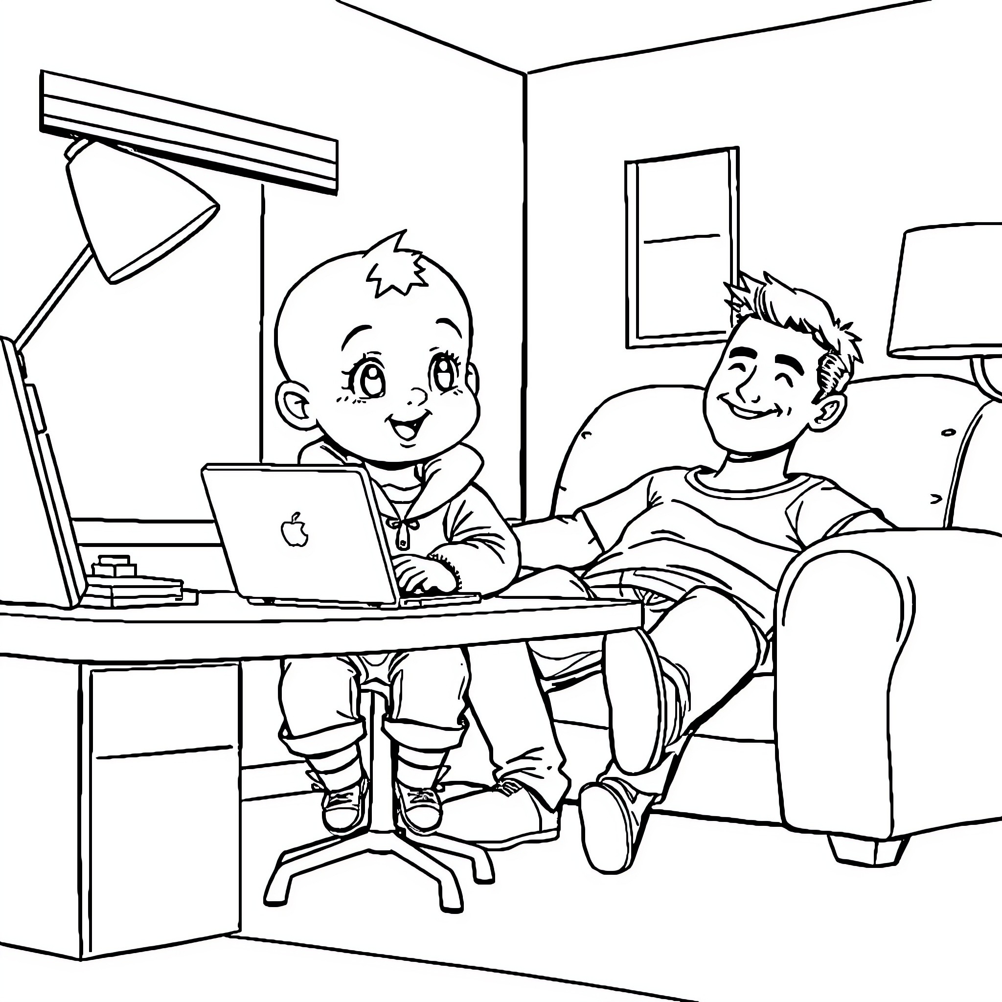 Baby working happily with older boy on laptop Coloring Page (free black-and-white line drawing printable PDF for all, from beginners to advanced learners, including children, teens, adults, and seniors)