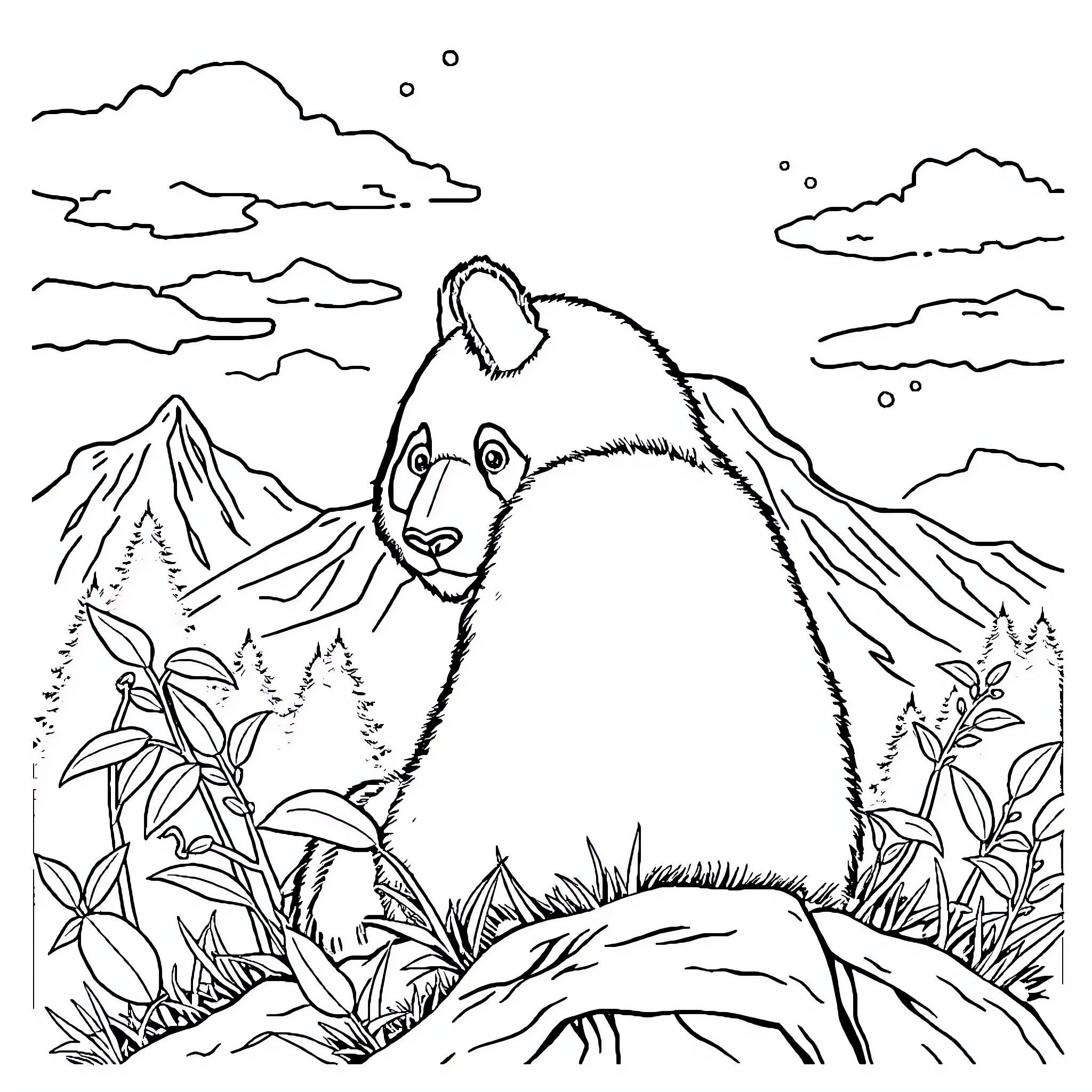 Panda exploring the serene mountain landscape Coloring Page (free black-and-white line drawing printable PDF for all, from beginners to advanced learners, including children, teens, adults, and seniors)