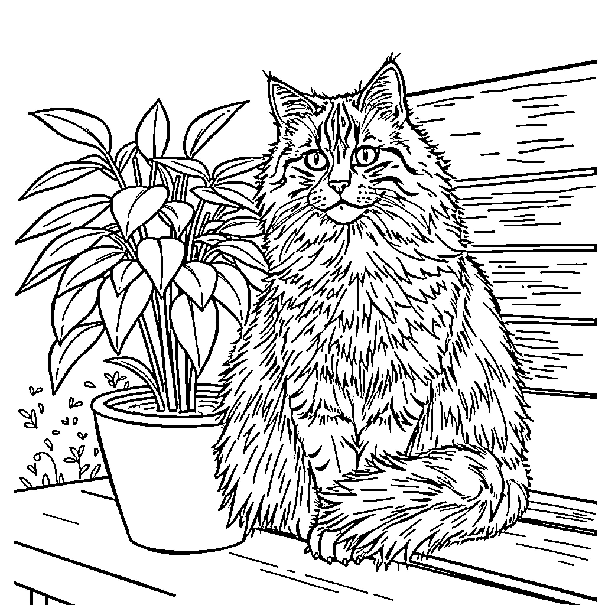 Maine Coon cat admiring houseplant Coloring Page (free black-and-white line drawing printable PDF for all, from beginners to advanced learners, including children, teens, adults, and seniors)