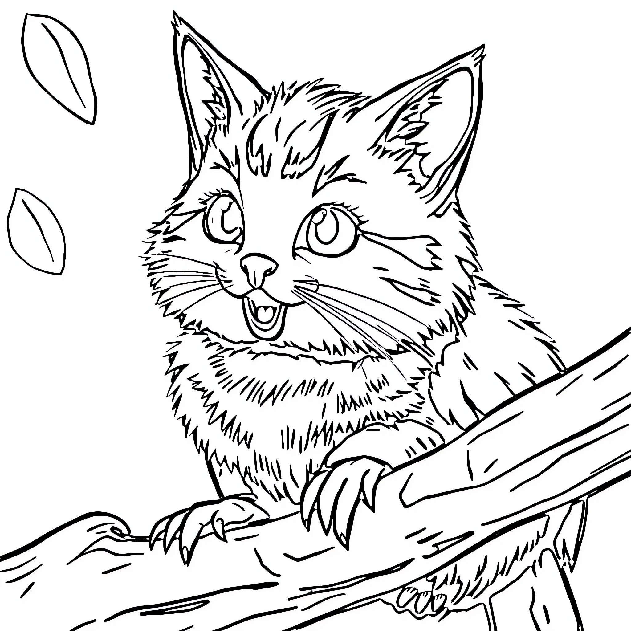 Cat exploring branches with curiosity Coloring Page (free black-and-white line drawing printable PDF for all, from beginners to advanced learners, including children, teens, adults, and seniors)
